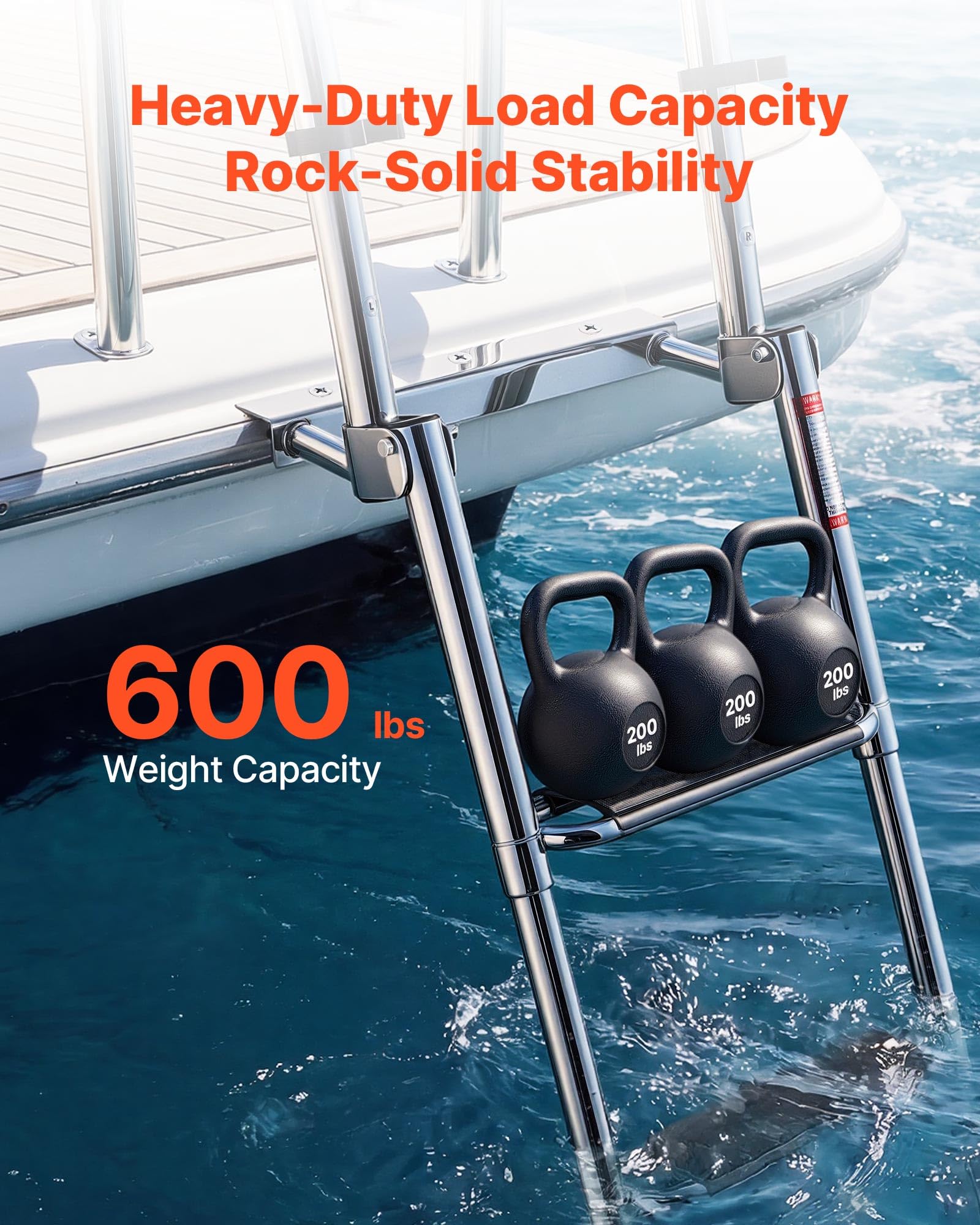VEVOR Échelle de Bateau 4 Marches en Acier Inoxydable, Échelle de Baignade Télescopique et Pliante avec Mains Courantes pour Bateau Hors-Bord, Ponton et Yacht, Charge 272,16 kg, Marches Antidérapantes