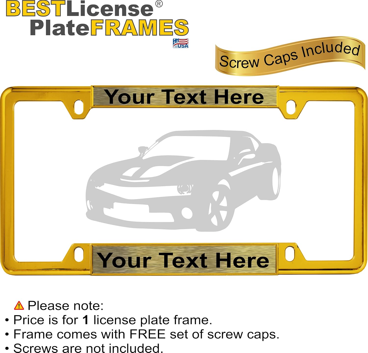Personalized with Custom Text Design - Thin Top | Narrow Top 4 Hole Gold Metal Laser Engraved Standard Size - Car/Automobile License Plate Frame with Free caps - Gold/Black Text (Qty: 1 Frame)