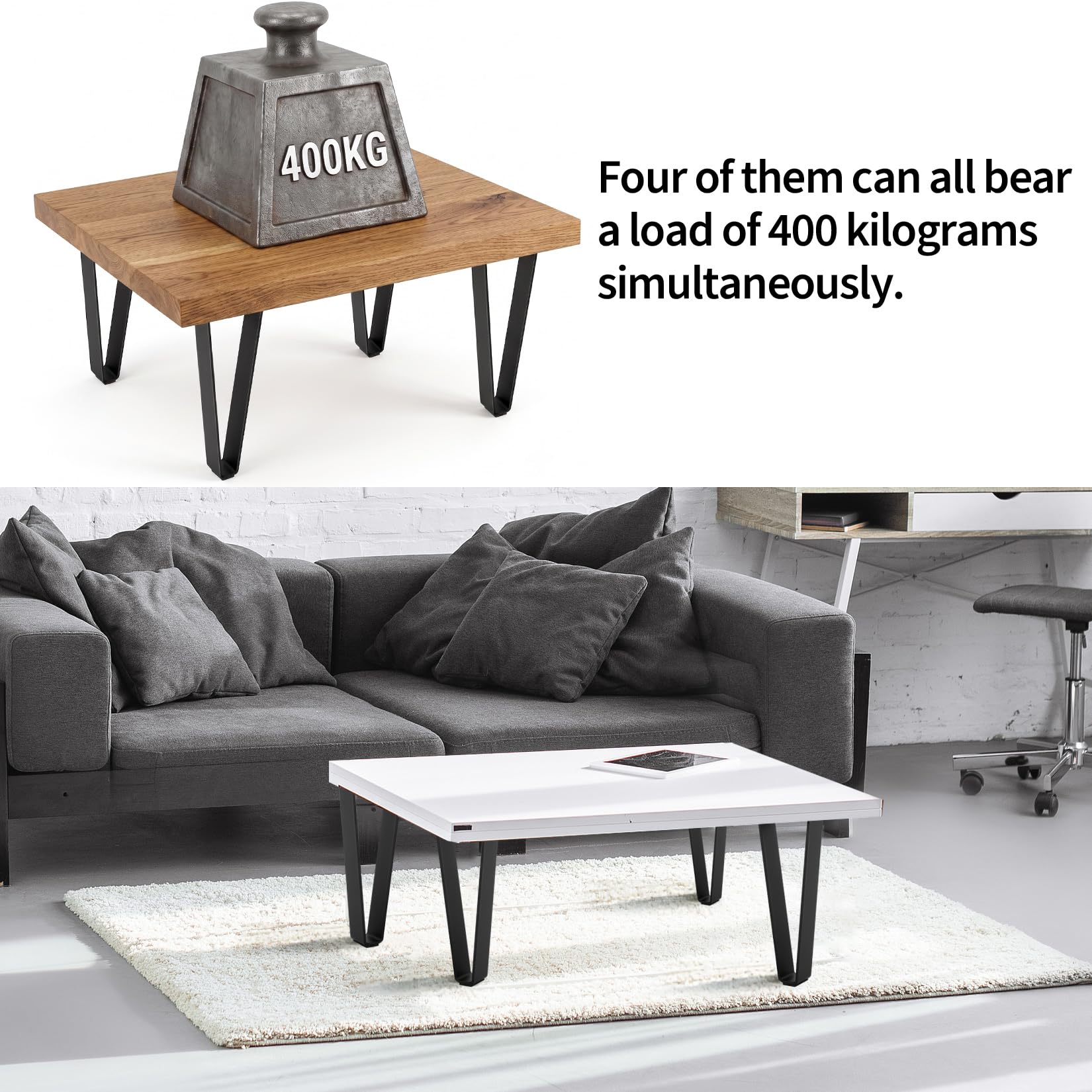 4 Pcs Pied de Meuble, 20cm DIY Pieds de Table en épingle Métal, DIY Pieds de Meuble pour Table Basse,Table de Salle à Manger, avec Patins de Protection et vis (Noir 20cm)