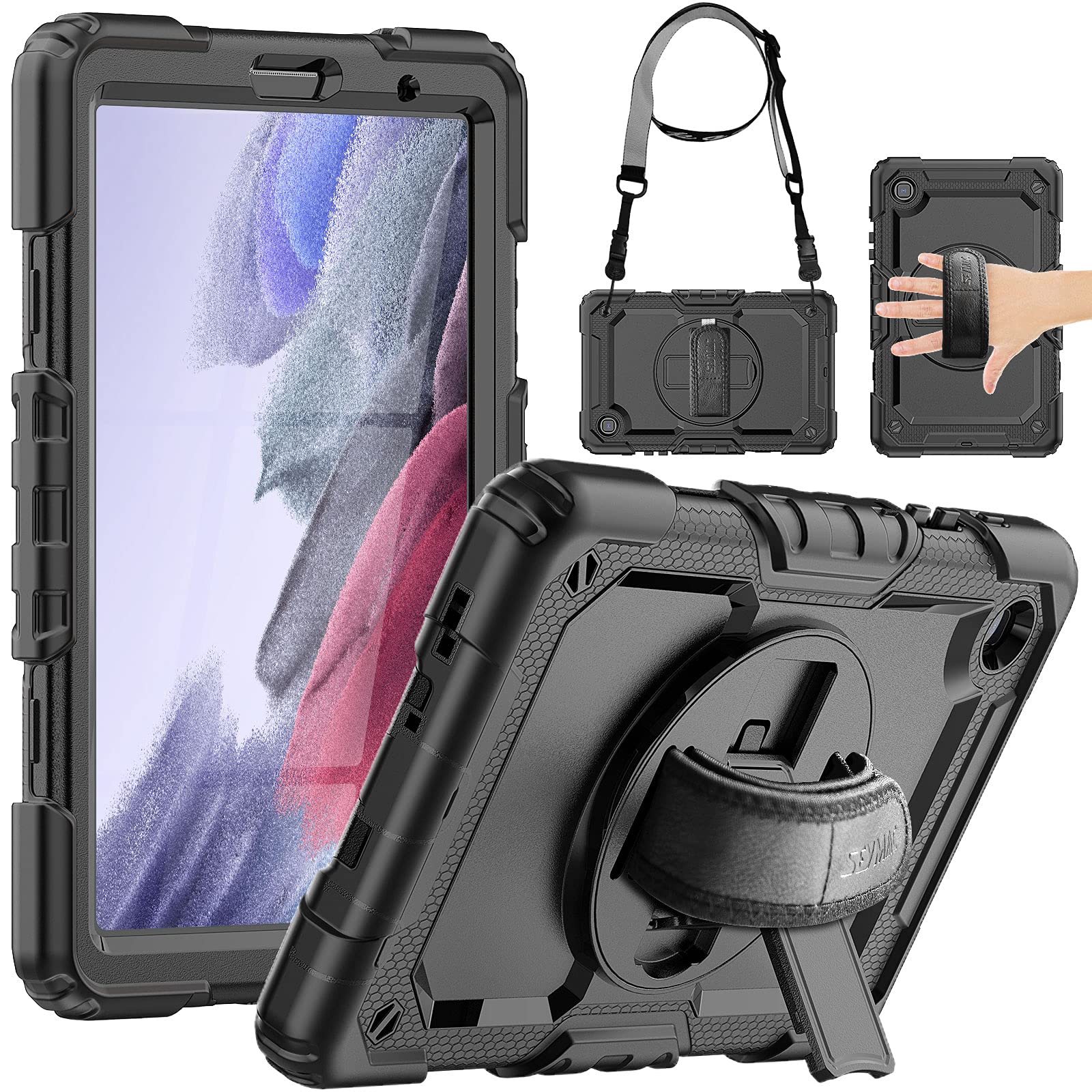 SEYMACfor Samsung Galaxy Tab A7 Lite Case 8.7" (SM-T220/ T225/ T227), Heavy Duty Full-Body Shockproof Protective Case with Screen Protector, Rotating Stand, Hand/Shoulder Strap, Black