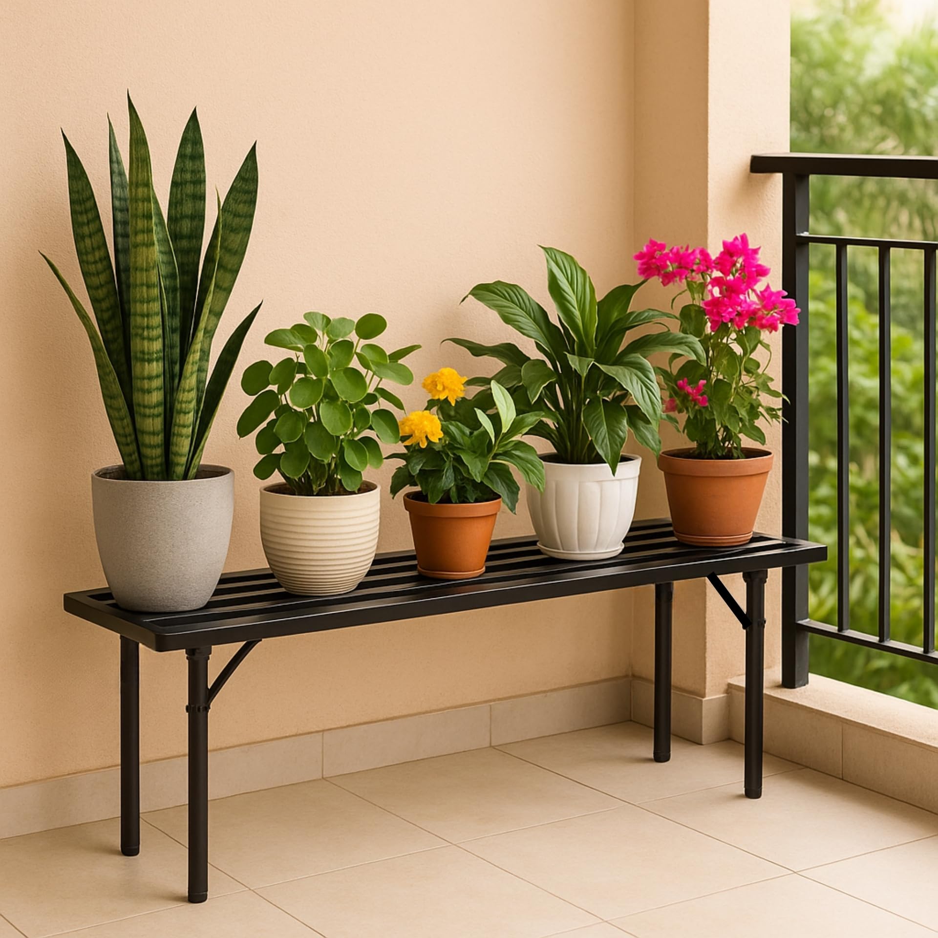 ecofynd Adam Jr 35 Inch Plant Stands for Outdoor Balcony, Flower Pot Stand for Indoor Plants, Large Metal Planter Stand for Living Room, home decor, Indoor & Outdoor plants, 1 Tier, (PS030-BLK)