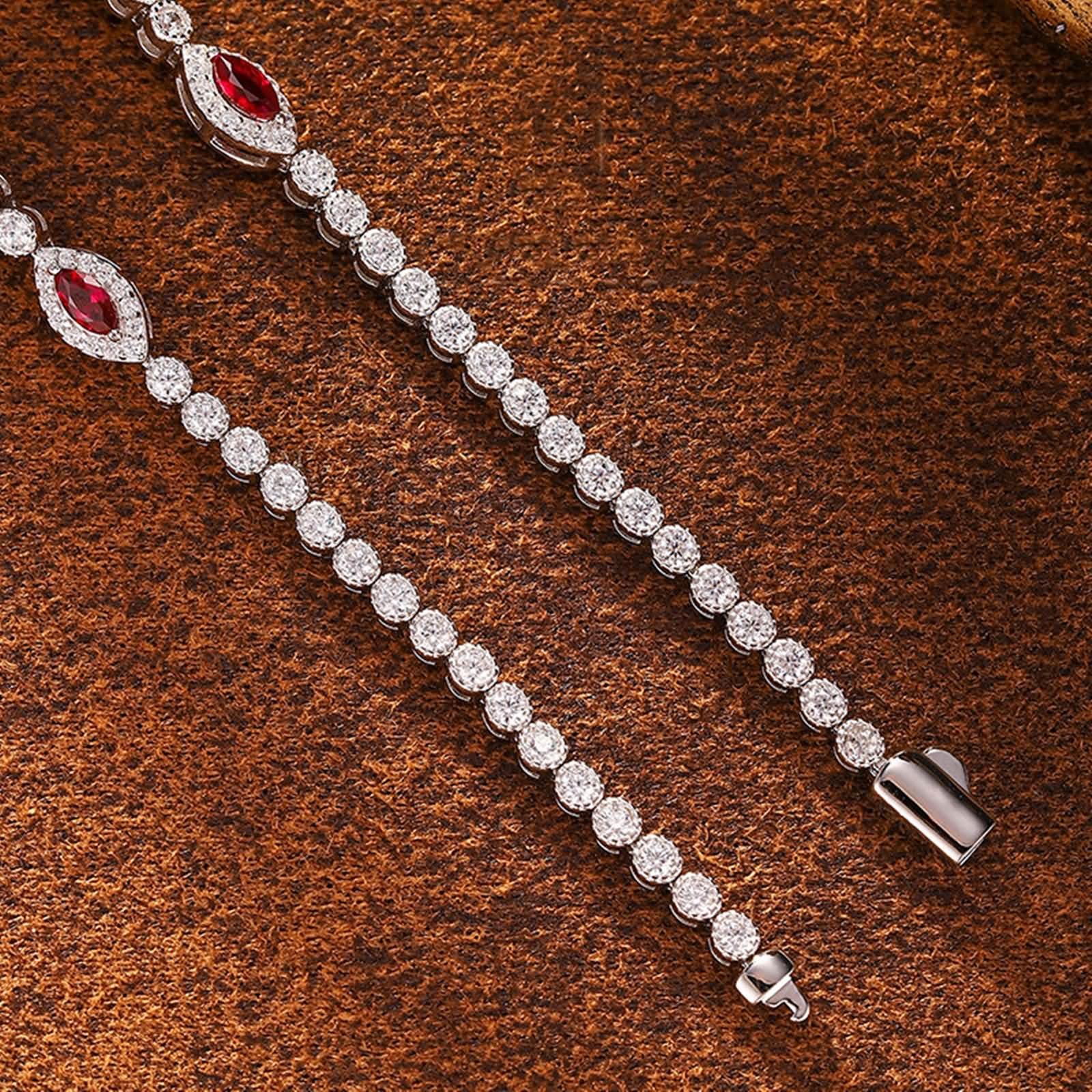 Donna Bracciale Oro Bianco 9 Kt / 14 Kt / 18 Kt 750, Quadrato e Marchesa con Rubino Creato da 1,25 ct e Moissanite, Lunghezza 16 CM, Bracciale Catena Rosso Argento Donna
