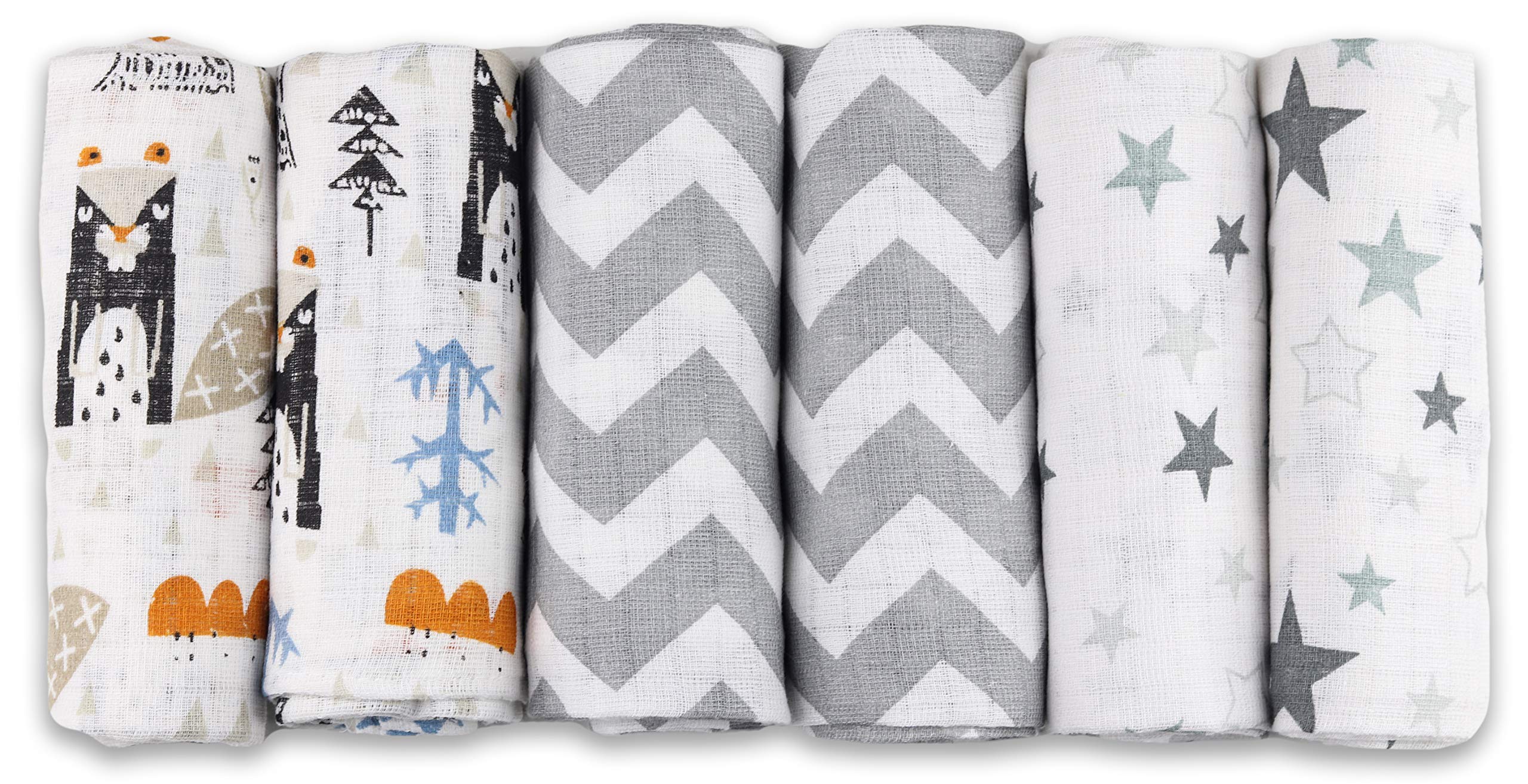 FENSILO - Mulltücher - Mullwindeln - 6er Pack 70x80 cm - Stoffwindeln, Made IN EU, schadstoffgeprüft -Spucktücher Baby für Jungen und Mädchen - Grijs - Baby Mullwindeln Biber