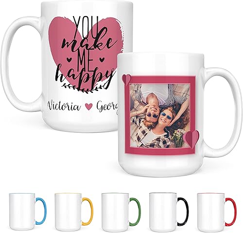 Taza personalizada para el día de San Valentín con cita y foto de pareja dentro de 1 de 9 marcos de amor, 11 o 15 onzas, 9 colores, regalos