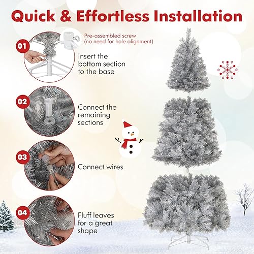 Miniatura 210 de Goplus - Árbol de Navidad artificial preiluminado de 9 pies, pino nevado articulado de PVC de alta calidad con base metálica y luces LED, decoración