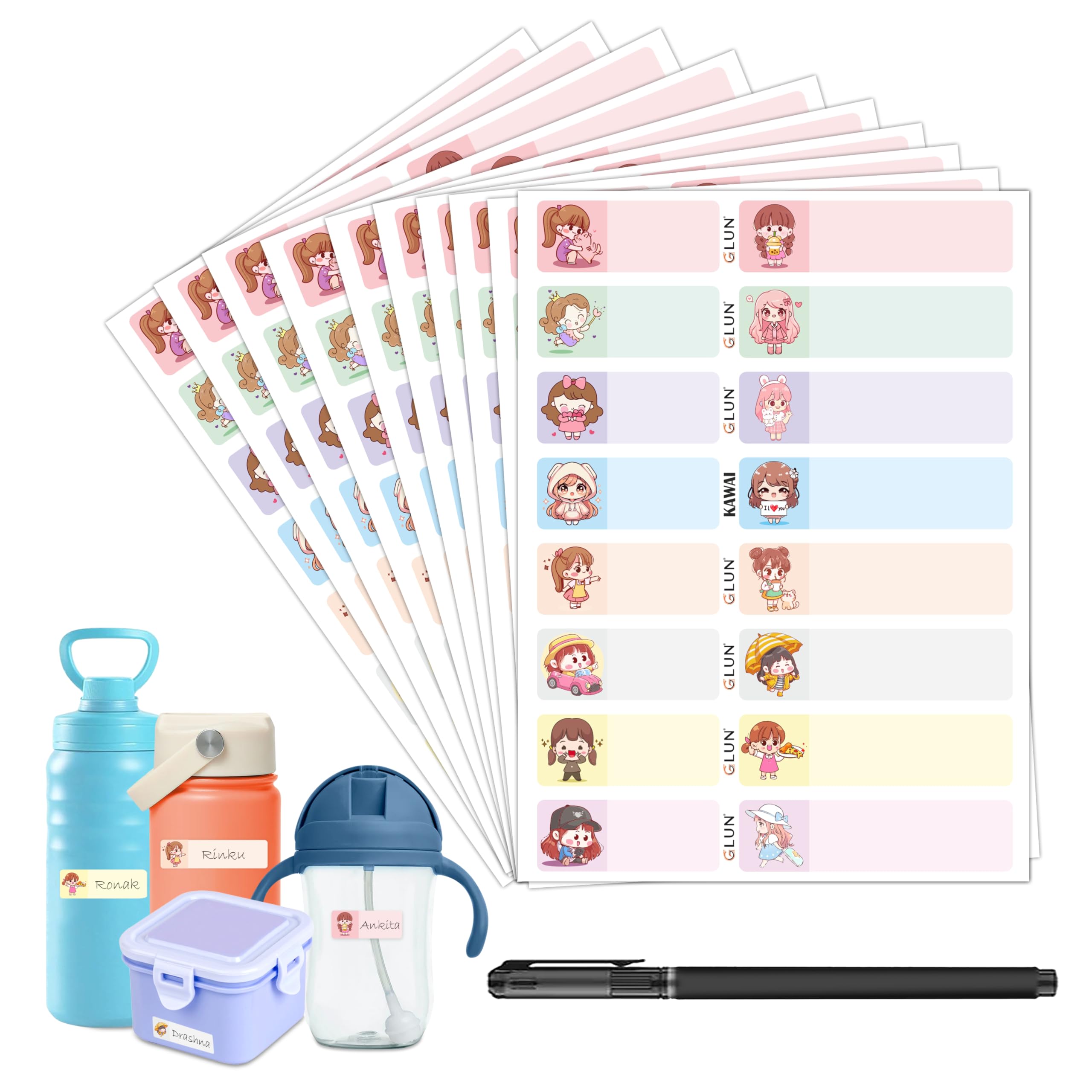 GLUN® Cute Kawai Name Stickers, 160 Durable Labels (10 Sheets) for Baby, Kids Bottles, Lunch, Kitchen & Pantry Reusable Self-Adhesive Stickers Pack of 1, 10 Labels