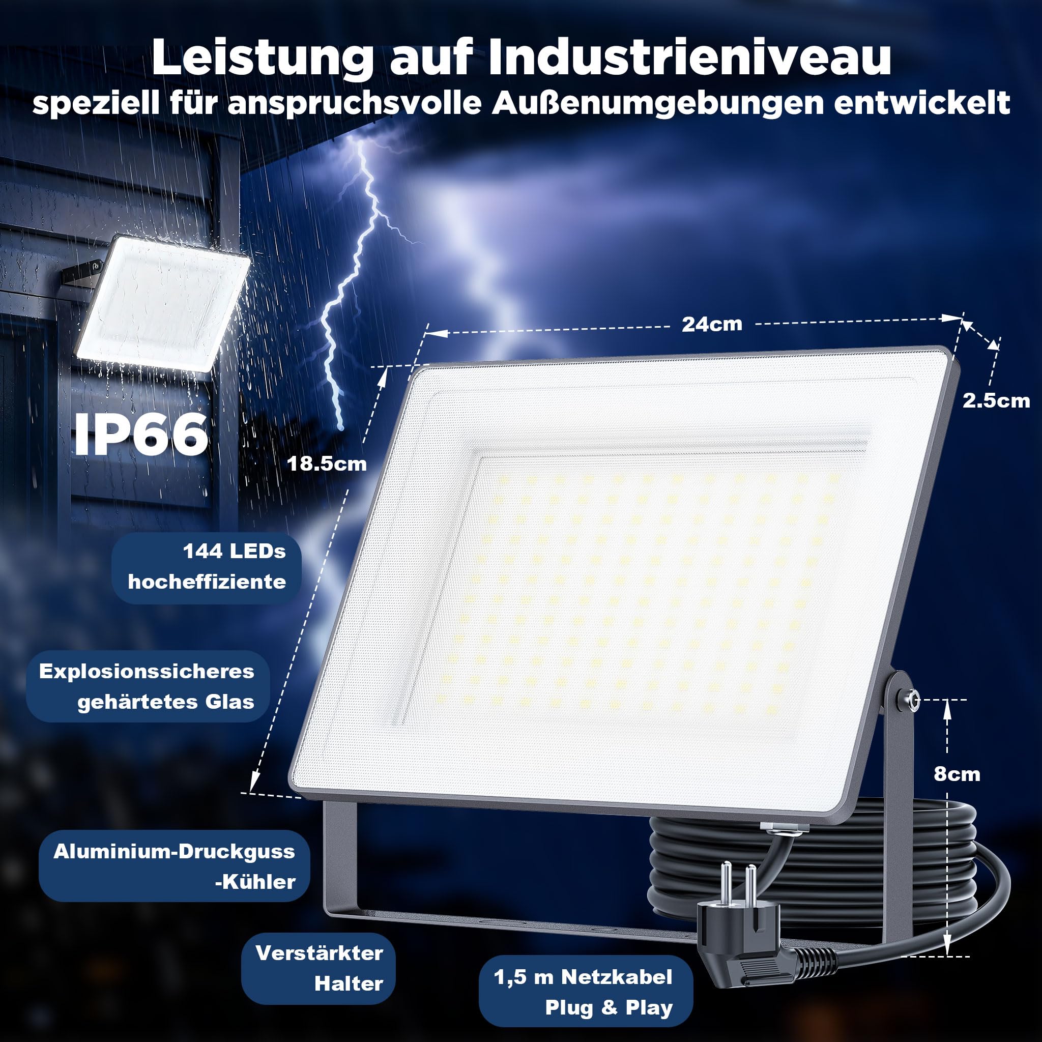 120W LED Außenstrahler, für den industriellen Einsatz, 14.400 lm, 6.500 K, IP66, effiziente Wärmeableitung, 85 % Energieeinsparung, LED-Außenstrahler, für Gärten, Lagerhallen und Garagen (2 Stück)