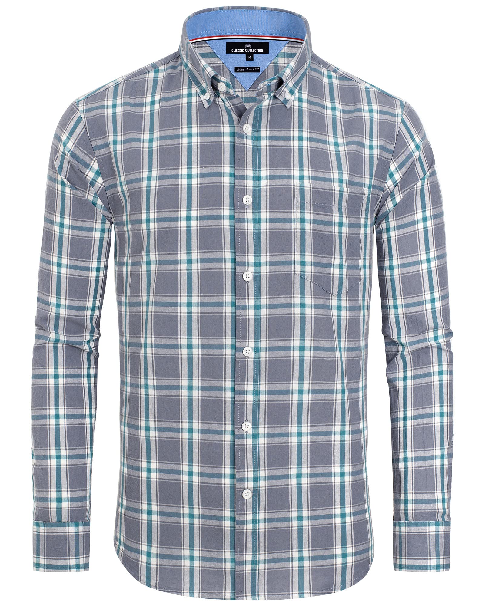 Alimens & Gentle Men's Plaid Button Down Shirts Cotton Long Sleeve Dress Shirts Regular Fit Gingham Shirts, Grey/Green, Plaid, Medium