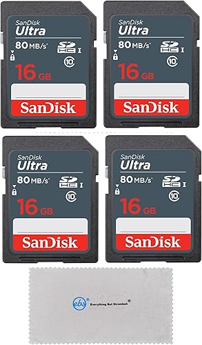 SanDisk Tarjeta de memoria Ultra Flash de 16 GB Clase 10 SD HC - Paquete de 4 paquetes con todo menos paño de limpieza de microfibra Stromboli