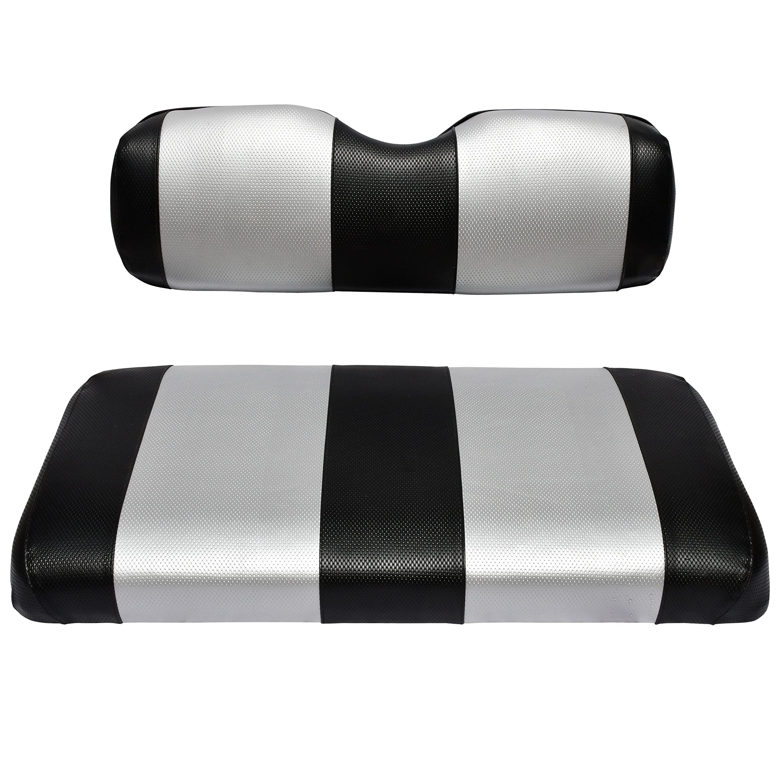 EZGO TXT Replacement Golf Cart Seat Cover Staple On Installation - 2 Piece - Premium Marine Vinyl - 5 Panel Stitching - Two-Tone (Black & Silver) โ image 1