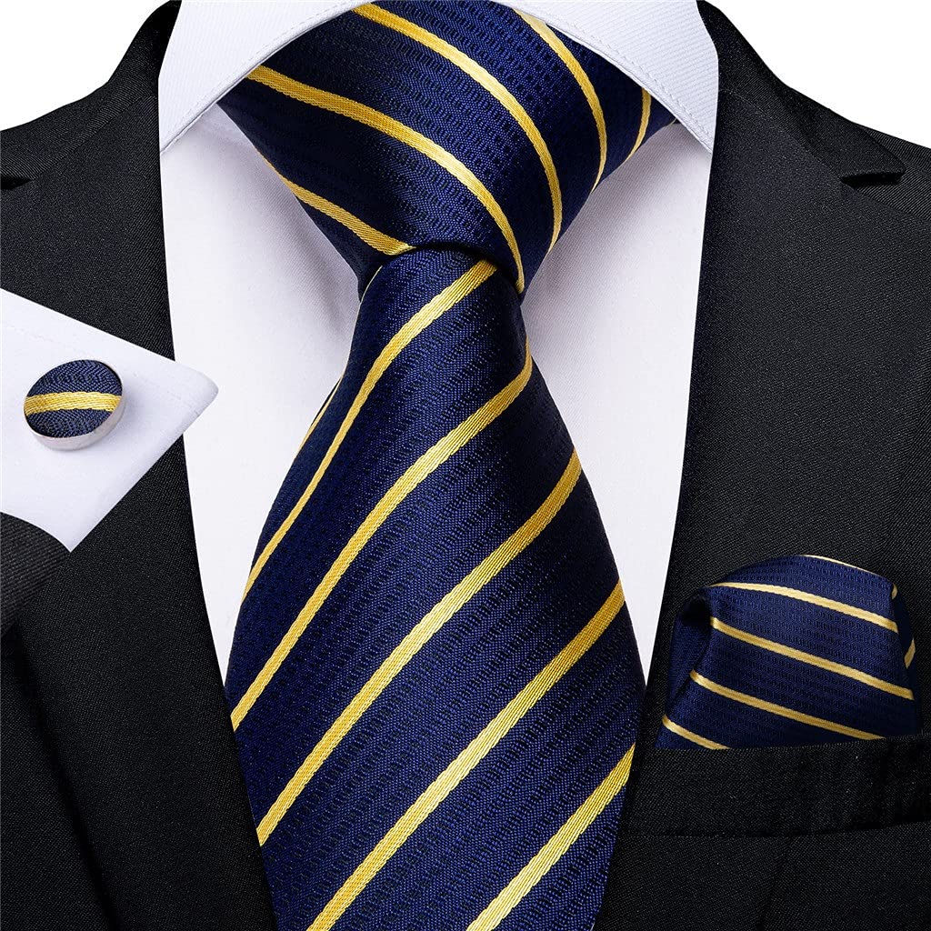 3er Pack Mode Seidenkrawatte Einfarbig Gelb Blau Rosa Krawatte Set Geschenk for Herren Hochzeit Krawatte Manschettenknöpfe (Color : Striped, Size : One Size)