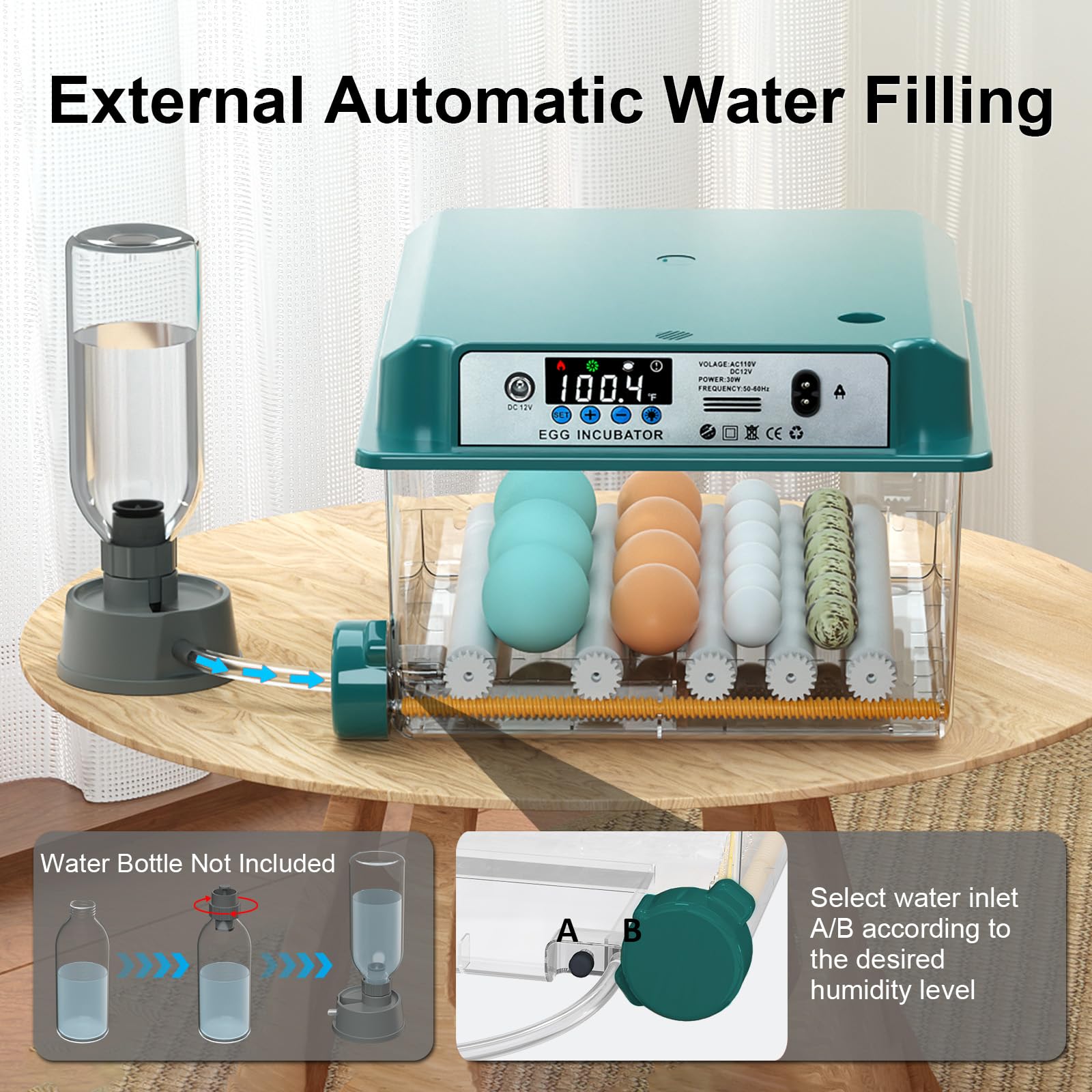 Incubadoras para incubar 16 huevos, incubadora de huevos con giro automático de huevos y llenado de humedad, control de temperatura, incubadora con rodillos ajustables para pollos, patos