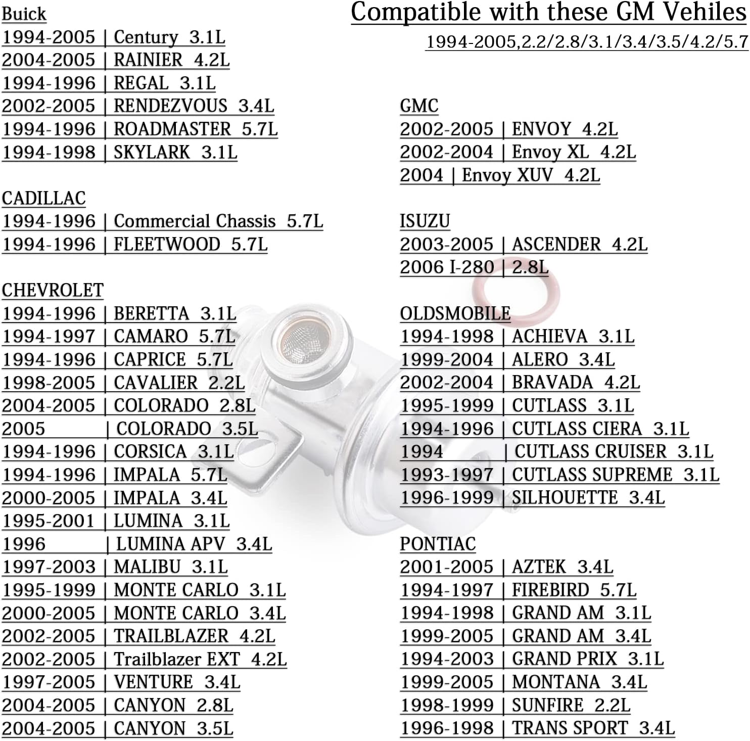 Fuel Injection Pressure Regulator 1994-2005,2.2/2.8/3.1/3.4/3.5/4.2/5.7 compatible with GM,Chevy TRAILBLAZER/Camaro,Buick Regal,Cadillac,GMC,Isuzu,Oldsmobile,Pontiac,17113622,17120440,FP10300 : Automotive