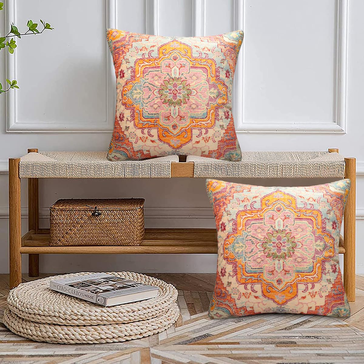 FUTEI Federe Cuscino Quadrate In Lino Giallo 50x50 Cm - 2 Pezzi Con Bottone Vintage E Cerniera - Decorazione Moderna