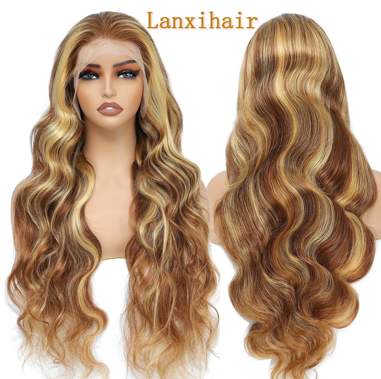 lanxihair 200% Density Highlight Ombre Lace Front Wig Human Hair 26inch 13x4 HD Transparent 4/27 Honey Blonde Lace Frontal Wigs Brown Colored Balayage Glueless Body Wave Lace Front wigs Human Hair Product Image 5
