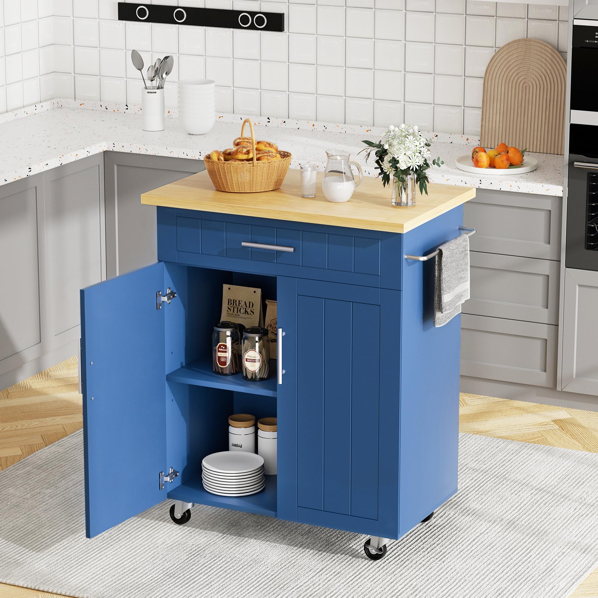 JY QAQA 26" Kitchen Island on Wheels with Storage Cabinet Kitchen Cart Cabinet with Shelves, Cart Handle for Towel Rack or Free Mobility, Portable Islands for Kitchen,Blue