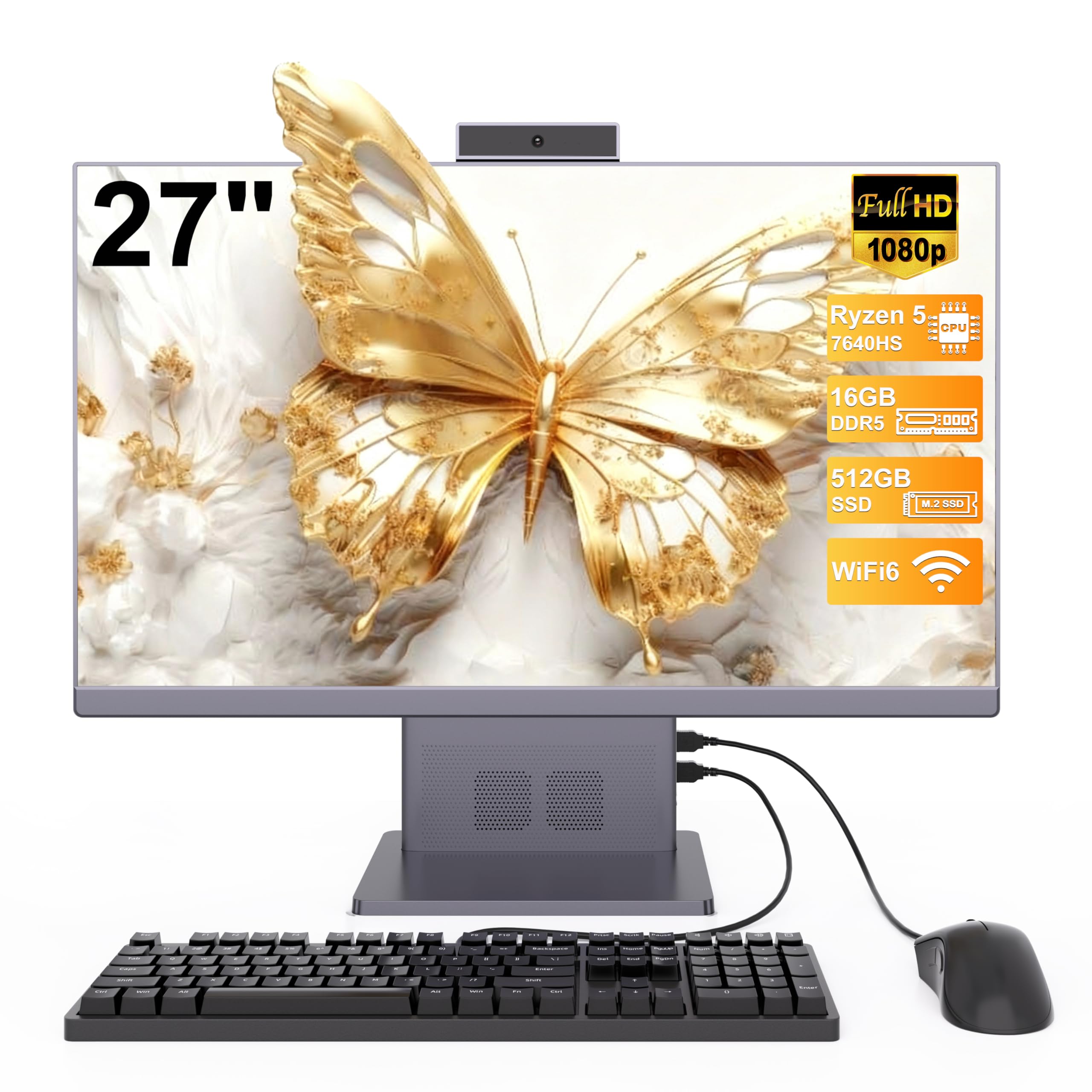 27 Pollici All in One PC Ryzen 5 7640HS (fino a 5.0GHz) 6 Core Processore Computer All in One 16GB RAM 512GB SSD con Webcram WiFi6 Bluetooth5.3 Wired Keyboard & Mouse