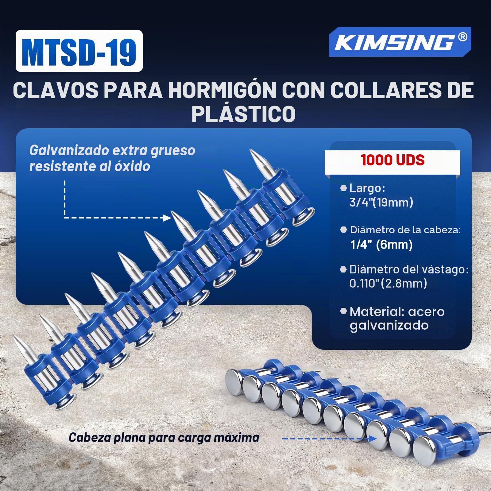 MTSD-19 12 Gauge 3/4 Inch X .109 Inch Smooth Shank Plastic Collated Concrete and Steel Drive Pin Mechanical Galvanized for Gas Power Concrete and Steel Nailer 1000 PCS/Box (1 caja) | Galvanizado grueso anticorrosión, tira plástica para carga fácil, 19mm,