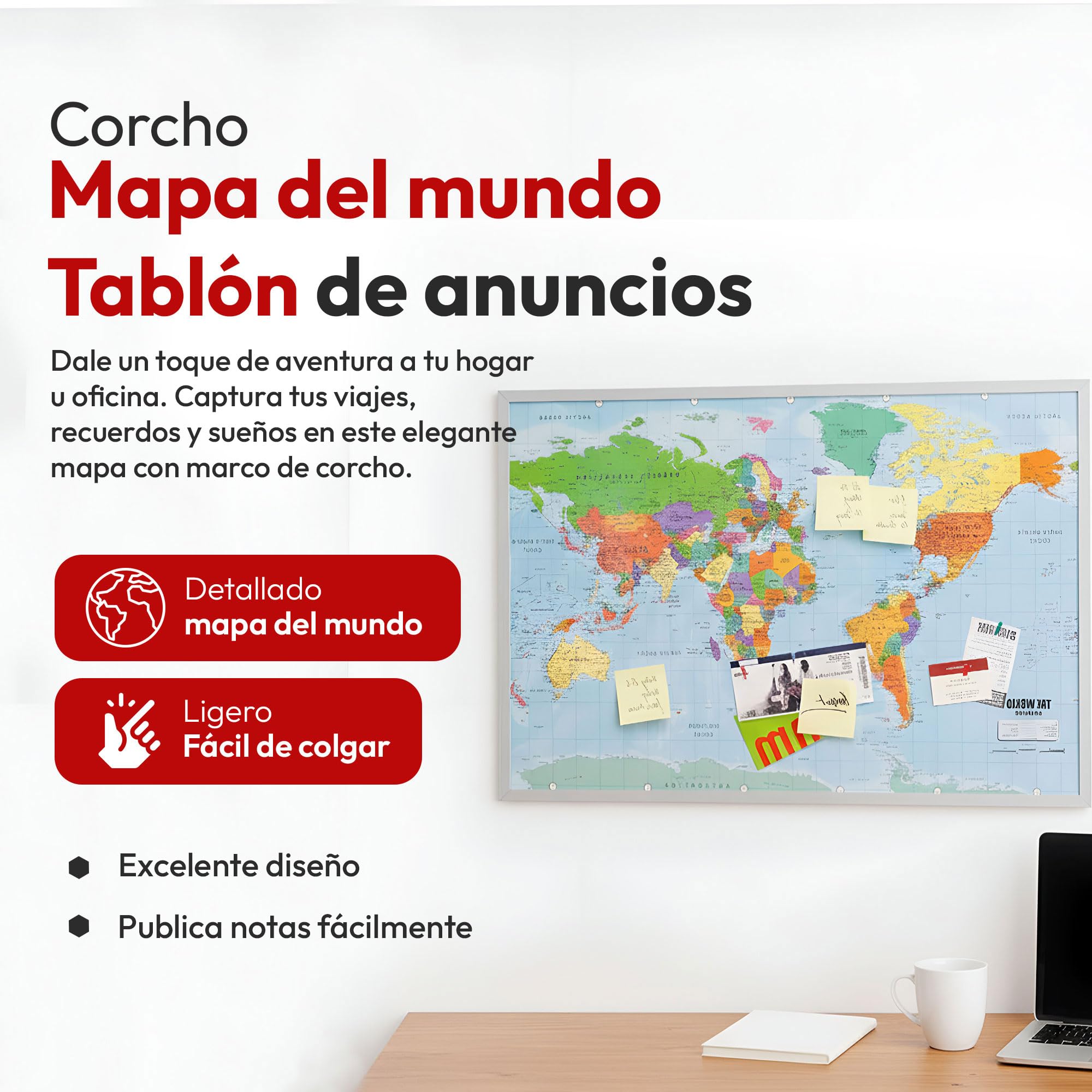 Tablero de anuncios de corcho mapa mundial 90x60 cm con marco y 20 banderas marcadoras Memoboard XXL