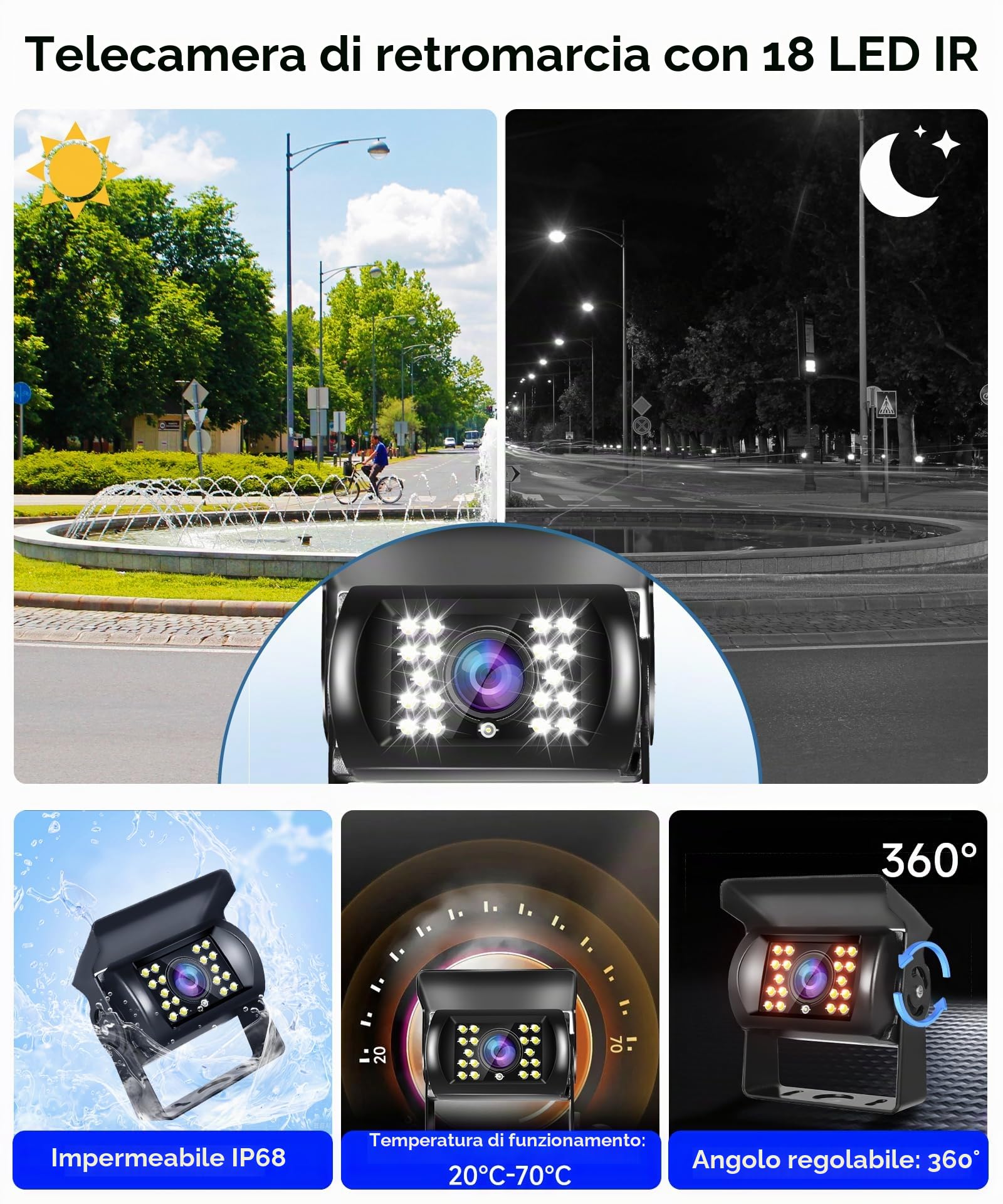 Podofo Telecamera Retromarcia con 7 '' LCD Telecamera per auto IP69 Telecamera Visione Notturna di Assistenza al Parcheggio Cablata Impermeabile Applicare per Autobus/Camion/Van/RV 10 m + 15 m Cavo