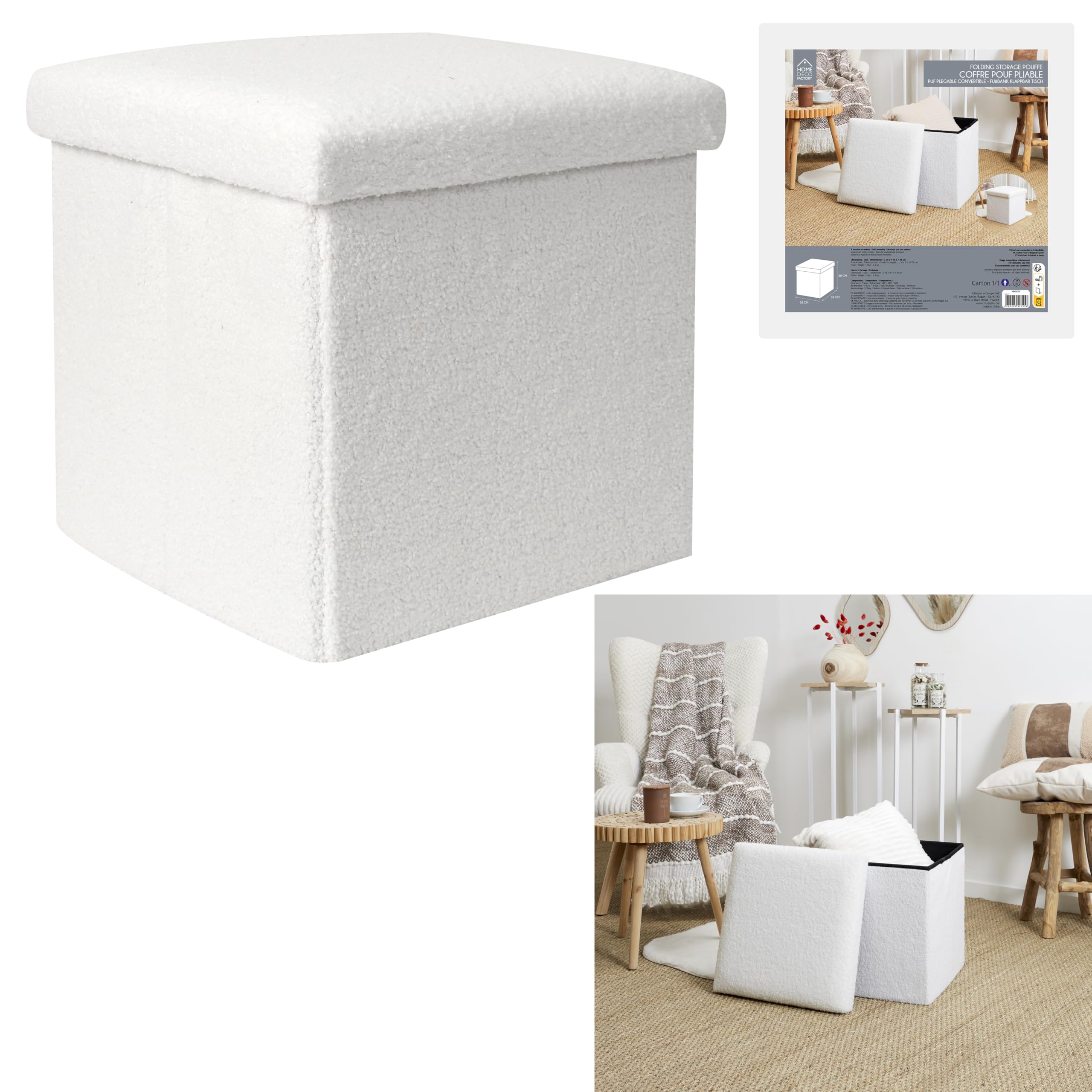 HOME DECO FACTORY - HD0058 Baúl Puff Plegable Bouclette - Natural Crush - Mobiliario de Asiento y Cojín de Suelo - 38x38x38 cm - Altura de Asiento 38 cm - Color Blanco