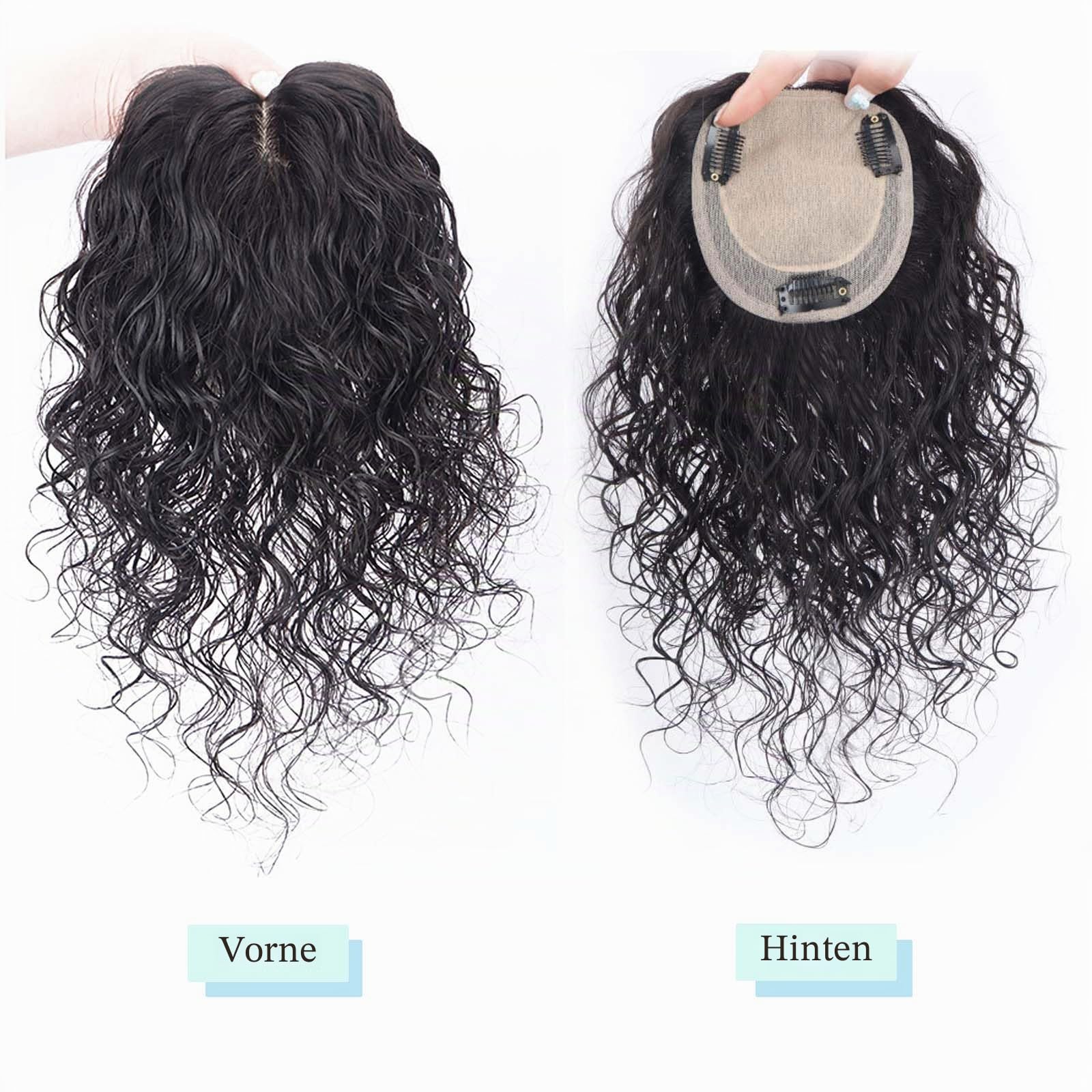 Echthaar-Topper mit Seidenbasis für Damen, 30 cm lange Clip-in-Ponyfrisur, lockig-wellig, ideal für dünnes Haar, 10 x 12 cm Basis mit Clips, 100% Echthaar, dunkelbraun
