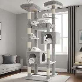 Hey-brother Torre de árvore alta para gatos, postes resistentes para arranhar com plataformas grandes, condomínios aconchegantes, rede grande, bolas de brinquedo, móveis de vários níveis para gatos