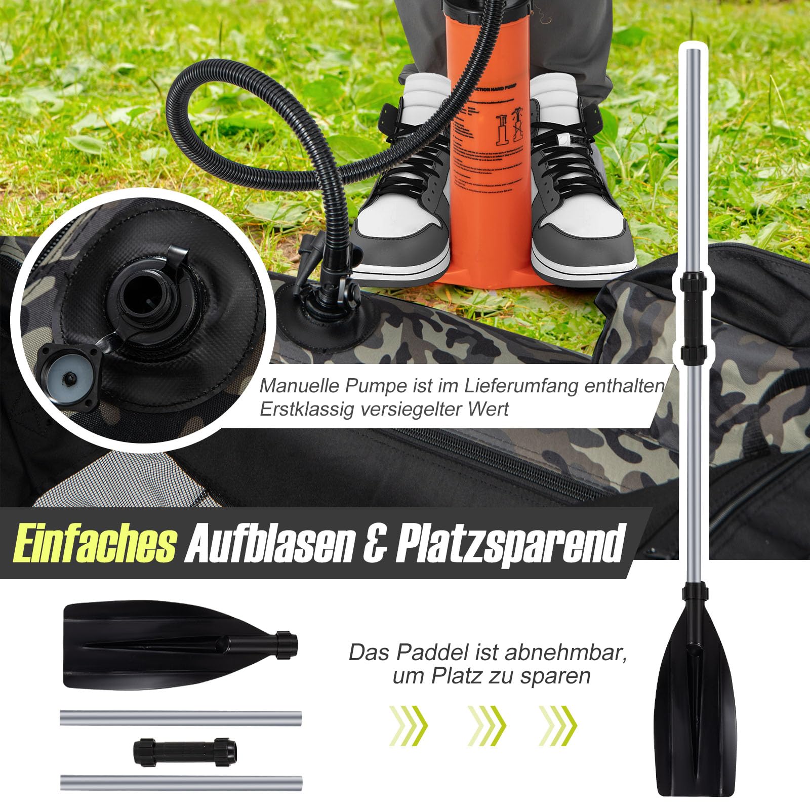 GYMAX Aufblasbares Angelboot, tragbares Belly Boat inkl. Pumpe, Paddel & verstellbaren Schultergurten, Fischerboot mit Fischlineal, Schlauchboot bis 150 kg belastbar