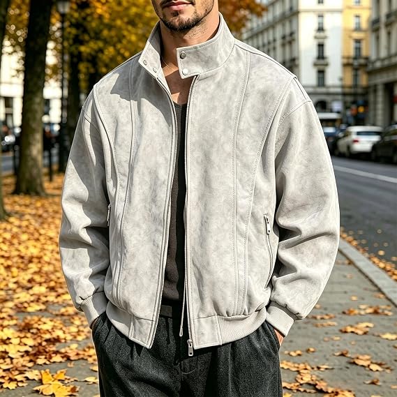 Men's Suede Look Bomber Jacket Stand Collar Zip Pocket Winter Coat