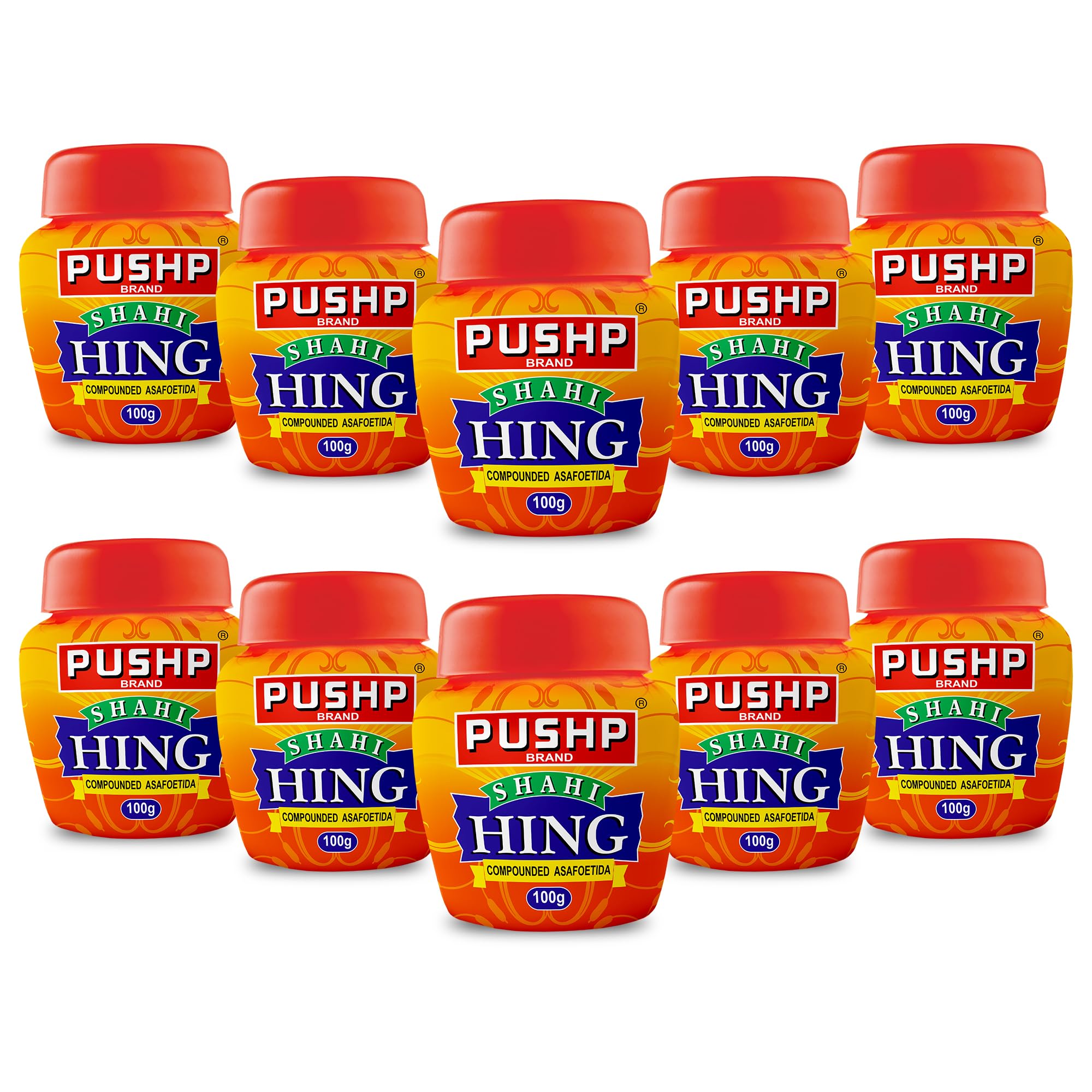 Pushp Brand Shahi Hing | 100 G | Strongest Hing Powder | Asafoetida | Quality Blend | No Preservatives (Pack of 10)