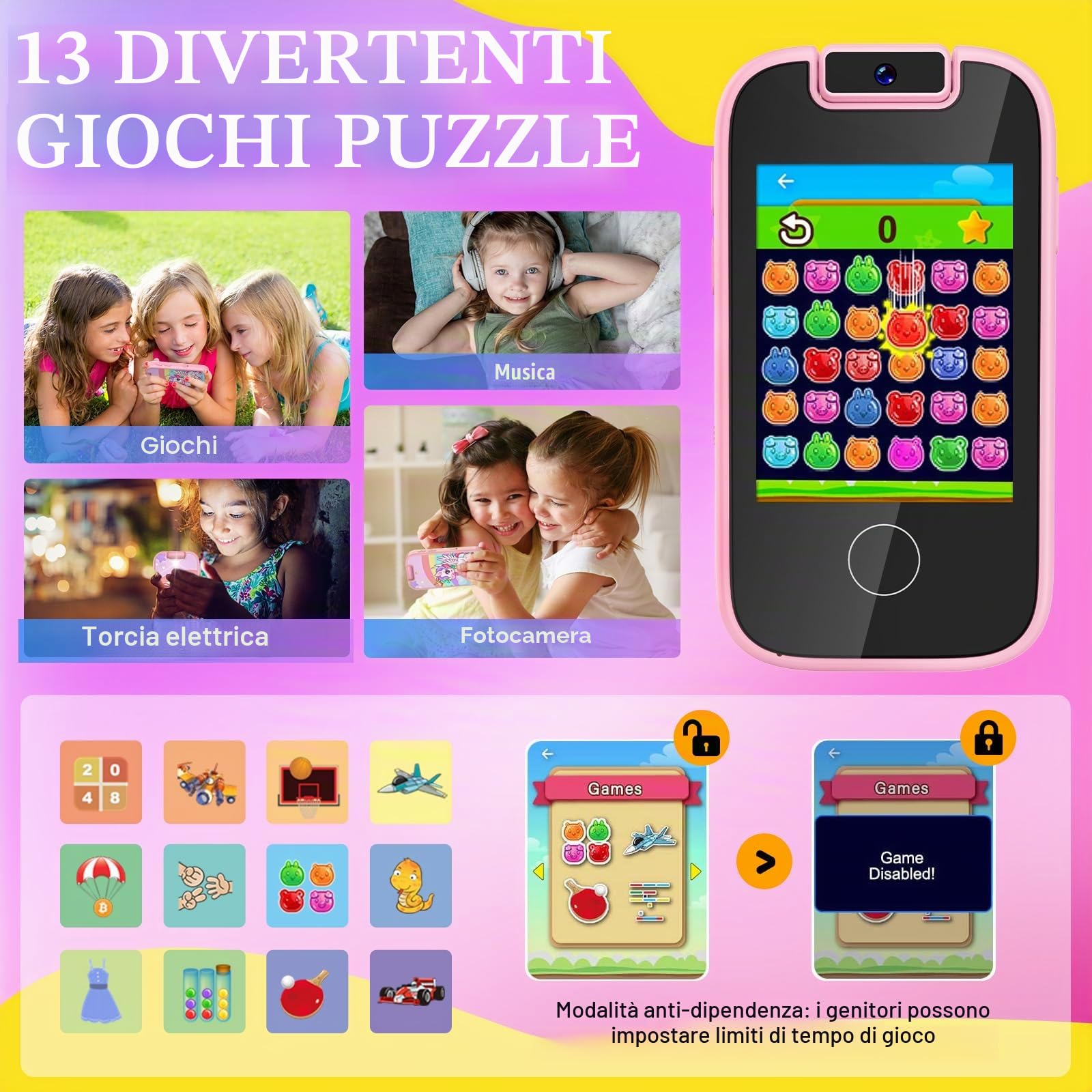 Dhapy Smartphone per Bambini, Telefono Touch Screen per Bambini, Lettore Musicale MP3, Giocattolo Educativo con Scheda SD 8G, Rosa