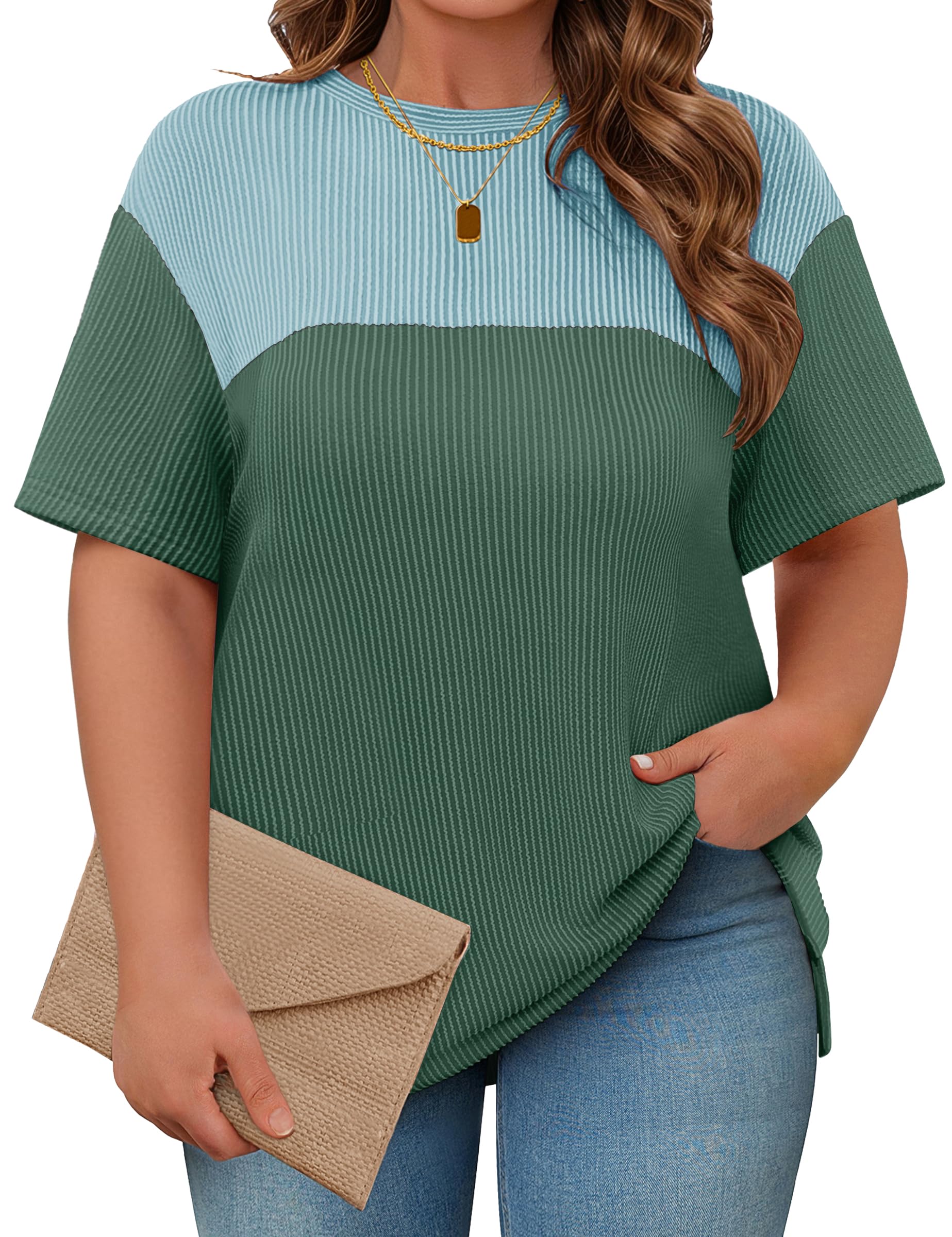 Cakrisyal Womens Plus Size Short Sleeve Color Block Pullover Tunic Tops Summer Casual Crewneck Side Split T Shirts