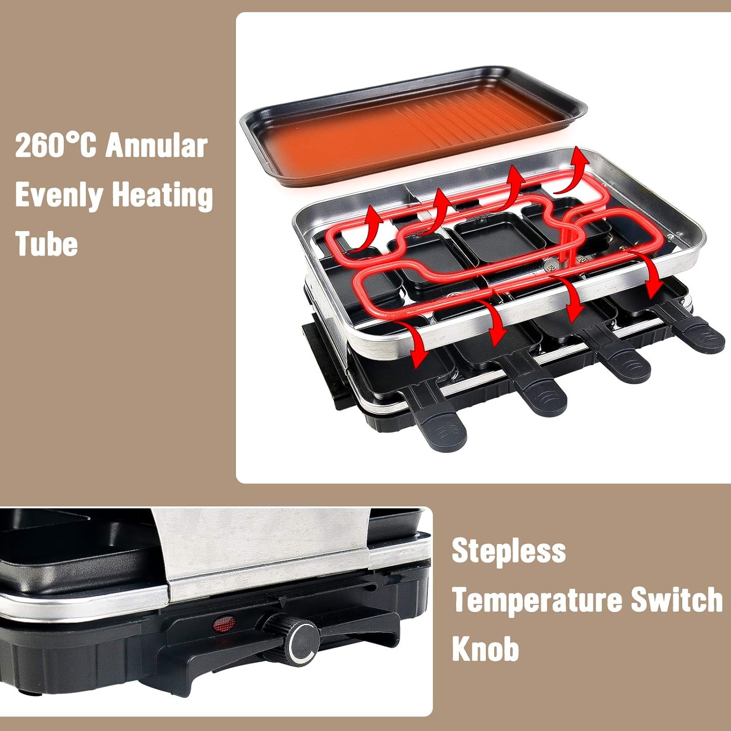 Kzai Raclette 8 Persone Grill Elettrico,Fumo Raclette Grill con Piastra Elettrica per Grigliare,8 Mini Padelle e 4 Spatole di Legno,Termostato Rivestimento Antiaderente,1500W Kzai Raclette 8 Persone Grill Elettrico,Fumo Raclette Grill con Piastra Elettrica per Grigliare,8 Mini Padelle e 4 Spatole di Legno,Termostato Rivestimento Antiaderente,1500W