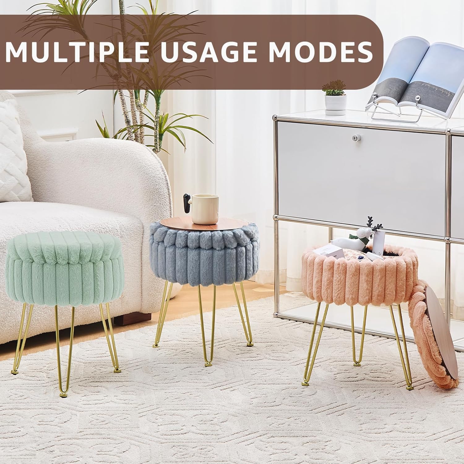 Wimarsbon Vanity Stool with Storage, Faux Fur Ottoman Chair with Metal Legs, Round Makeup Vanity Chair for Bedroom or Dressing Table, Modern Small Ottoman Seat (Green) - Image 7