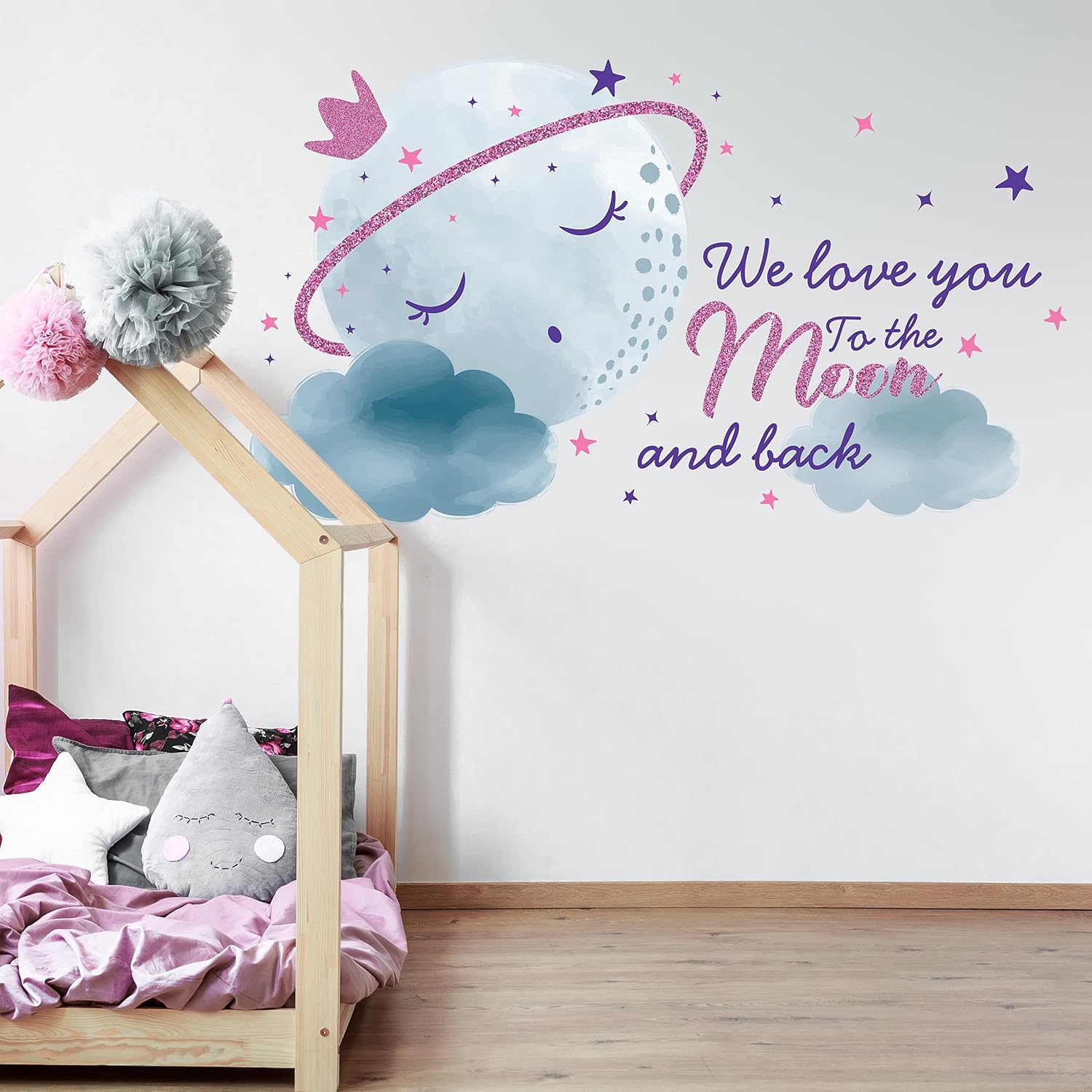 Moon Wall Decals - Pastel Moon Frosty Decor Girls Room - Girls Bedroom Decor - Cute Sticker Walll Decor for girls bedroom - Moon Sticker Room Decor- Love You Wall Decal - Moon Nursery Decor Wall Art KA1655 PINK (40"W x 26"H (102x66cm))
