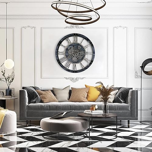 Miniatura 6 de Reloj de pared con engranaje móvil de 27 pulgadas, relojes de pared de gran tamaño, reloj de decoración de sala de estar, marco de madera maciza,