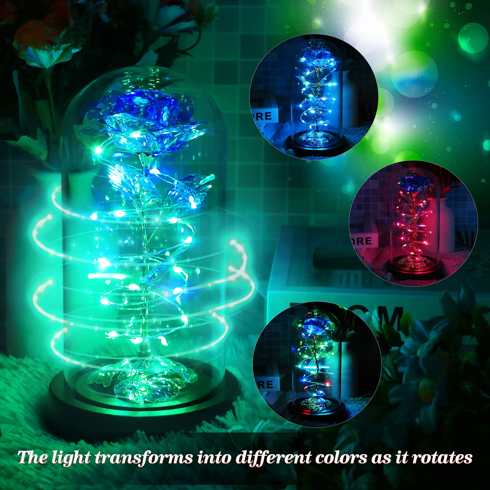 Childom Rotating Birthday Gifts for Women,Mothers Day Rose Gifts,Light Up Rose in Glass Dome,Spinning Colorful Blue Rose Flower Gifts for Mom from Daughter, Wife, Anniversary,Graduation Gift,Mom Gift