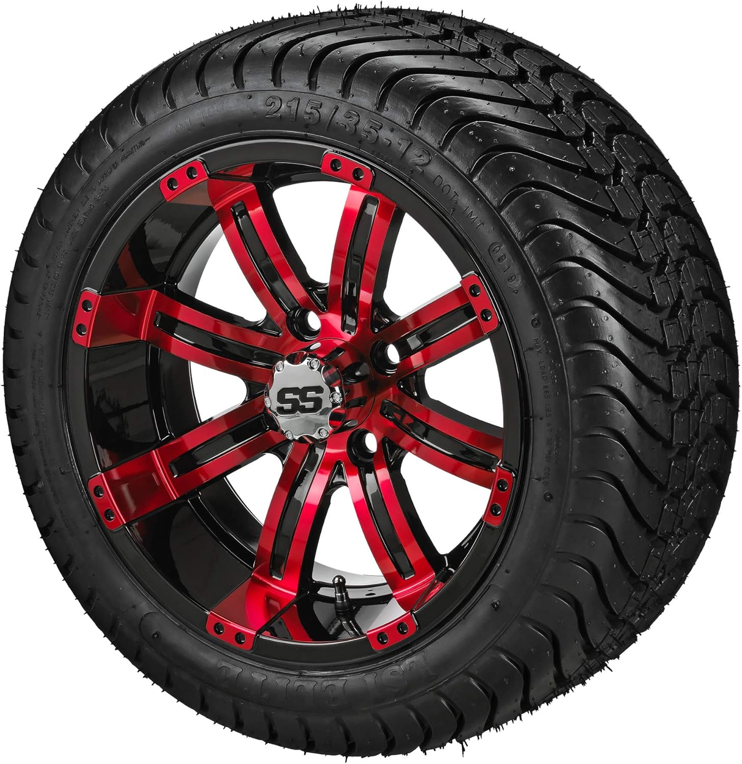 RM Cart 12" Casino Black/Machined on 215/35-12 LSI Elite Tires (Set of 4) | Golf Cart Tires and Wheels Combo with Standard Lug Nuts