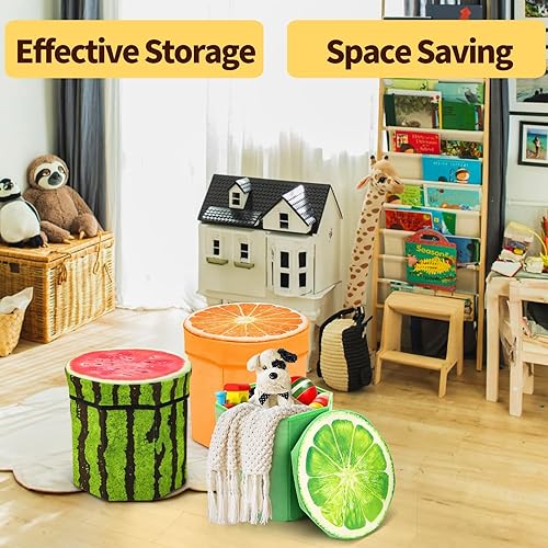 Miniatura 5 de Paquete de 3 taburetes de almacenamiento de frutas, taburete otomano plegable de 12 x 12 pulgadas con cojín de espuma, baúl de almacenamiento