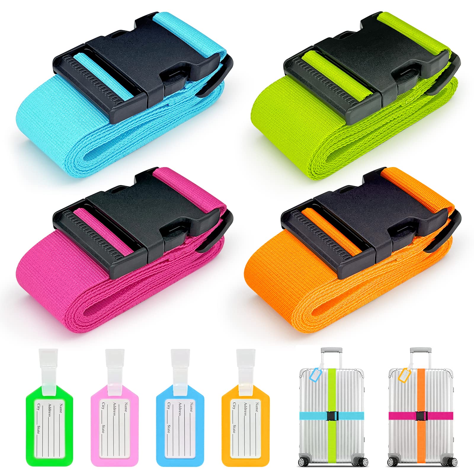 Koffergurte 4 Stück, Verstellbare Kofferband mit Adressschild, 2 Farben Kreuzgurt Kofferbänder für Koffer Markierung, Reisezubehör Gepäckgurt Luggage Strap zum Sicheren Verschließen