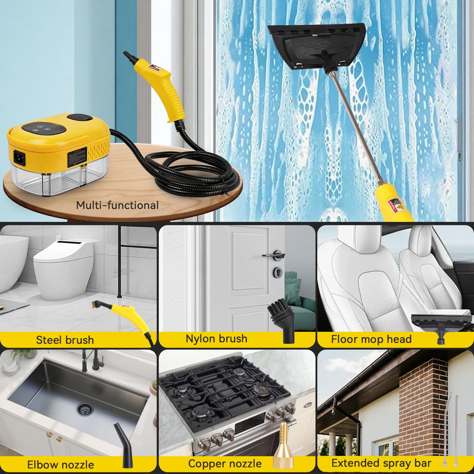 Pulitore a Vapore Portatile 2500W,3 Bar,Serbatoio 1100ml | Pulitore Vapore Casa con 6 Livelli di Temperatura,12 Accessori,Multiuso per Cucina Bagno Divani Auto