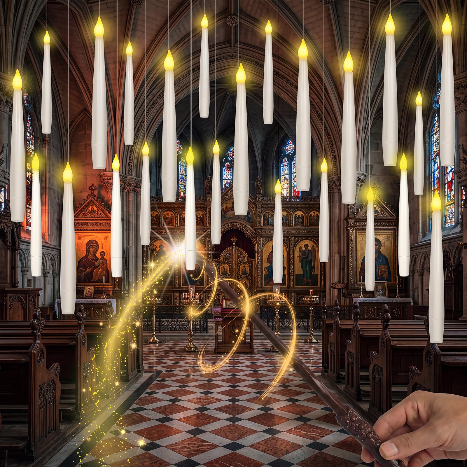 WOWDSGN 24pcs Floating Candles with Wand Remote, Hanging Magic LED Candles with Flickering Warm Light, Battery Flameless LED Taper Candles with 6H Timer, Floating LED Candles for Christmas Halloween