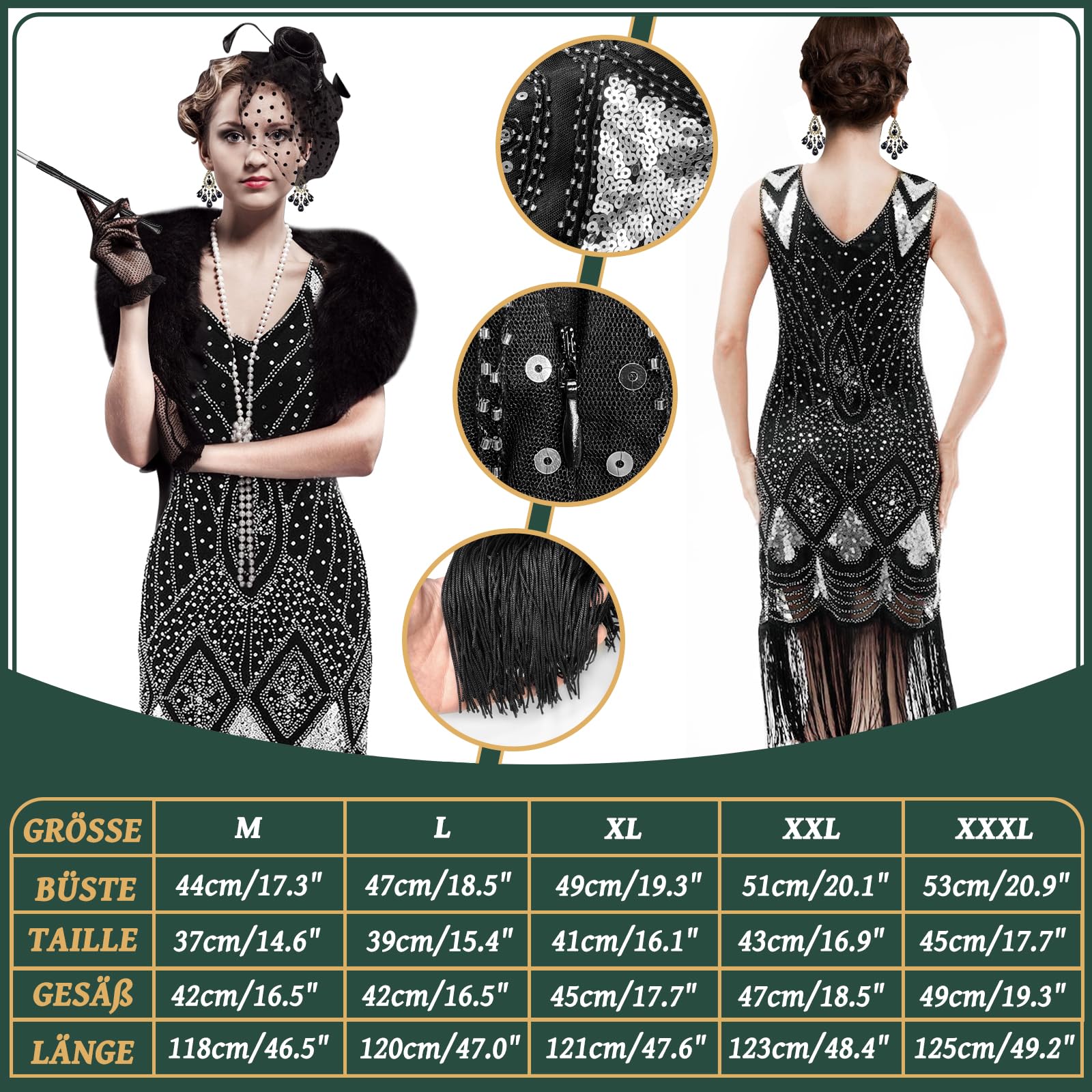 Disfraz de los años 20 para mujer, vestido con flecos de los años 20, vestido de mujer de los años 20, cuello en V de los años 20 con accesorios de los años 20, collares y pendientes, para fiestas de