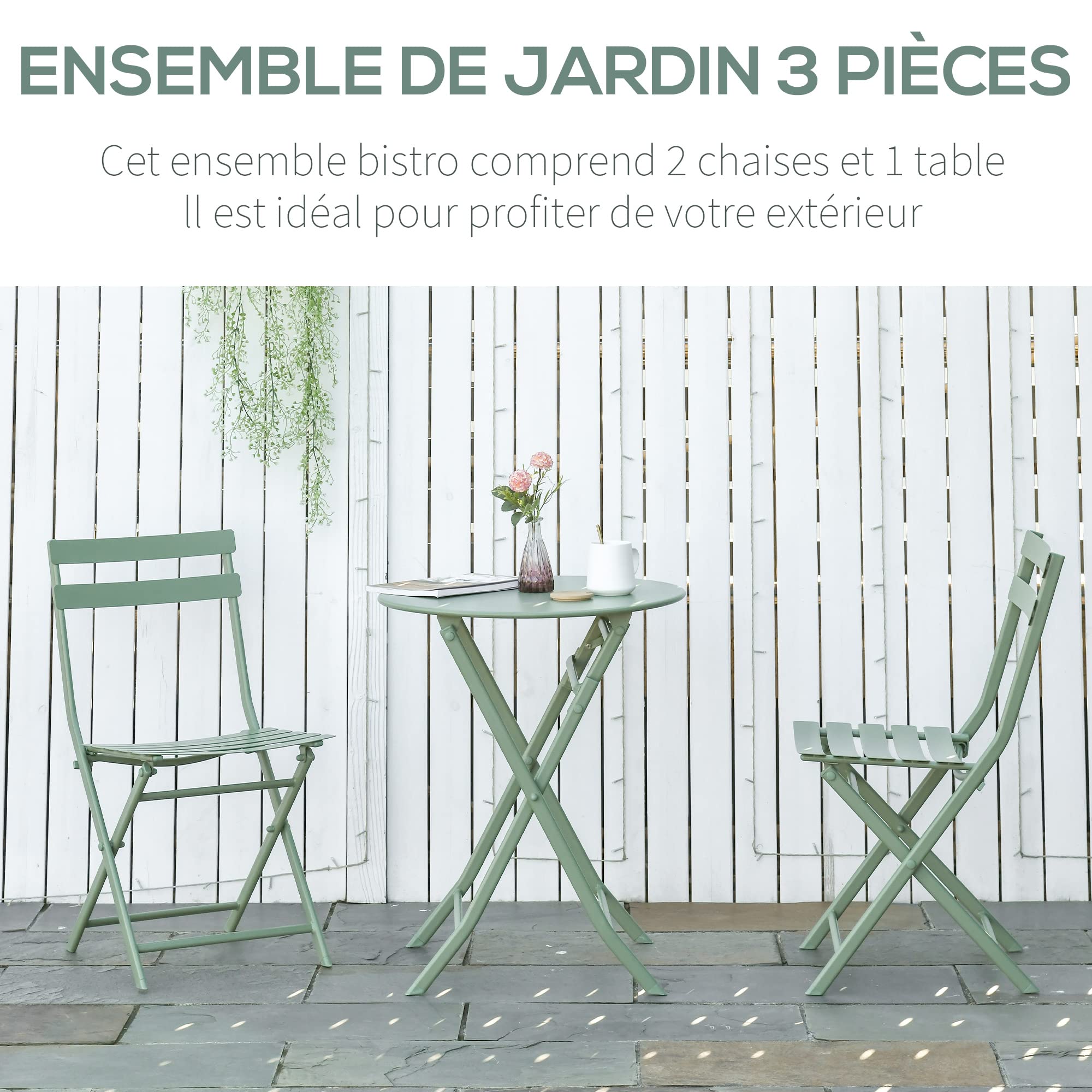 Outsunny Salon de Jardin 2 Personnes - Table Bistrot Pliable Ronde Ø 60 cm avec 2 Chaises Pliantes Métal Thermolaqué Vert
