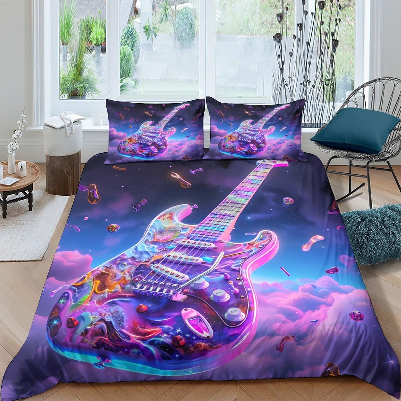 Ctjqhvkz Style-3 3D Printed Electric Guitar Galaxy Fitted Sheet Microfiber Soft Breathable Nebula Bed Cover For Bedroom Dorm Mattress Decor Single（135X200cm）
