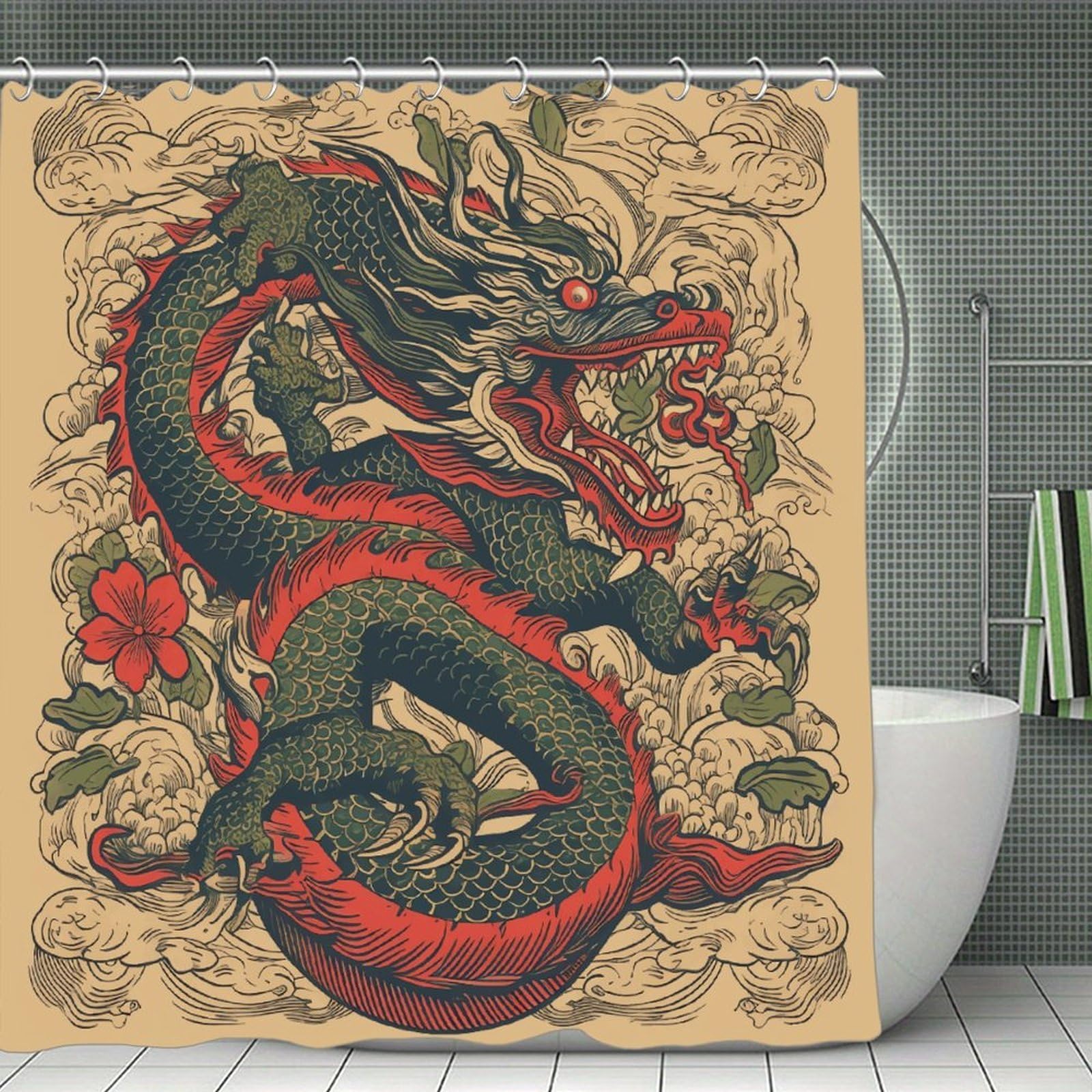 FekiLoot Beige Dragon Pattern Shower Curtain Minimalist Aesthetic Bath Curtain with Hooks Simple Water Resistant Bathroom Shower Curtains Cute Blackout Privacy Curtains Cloth Curtain