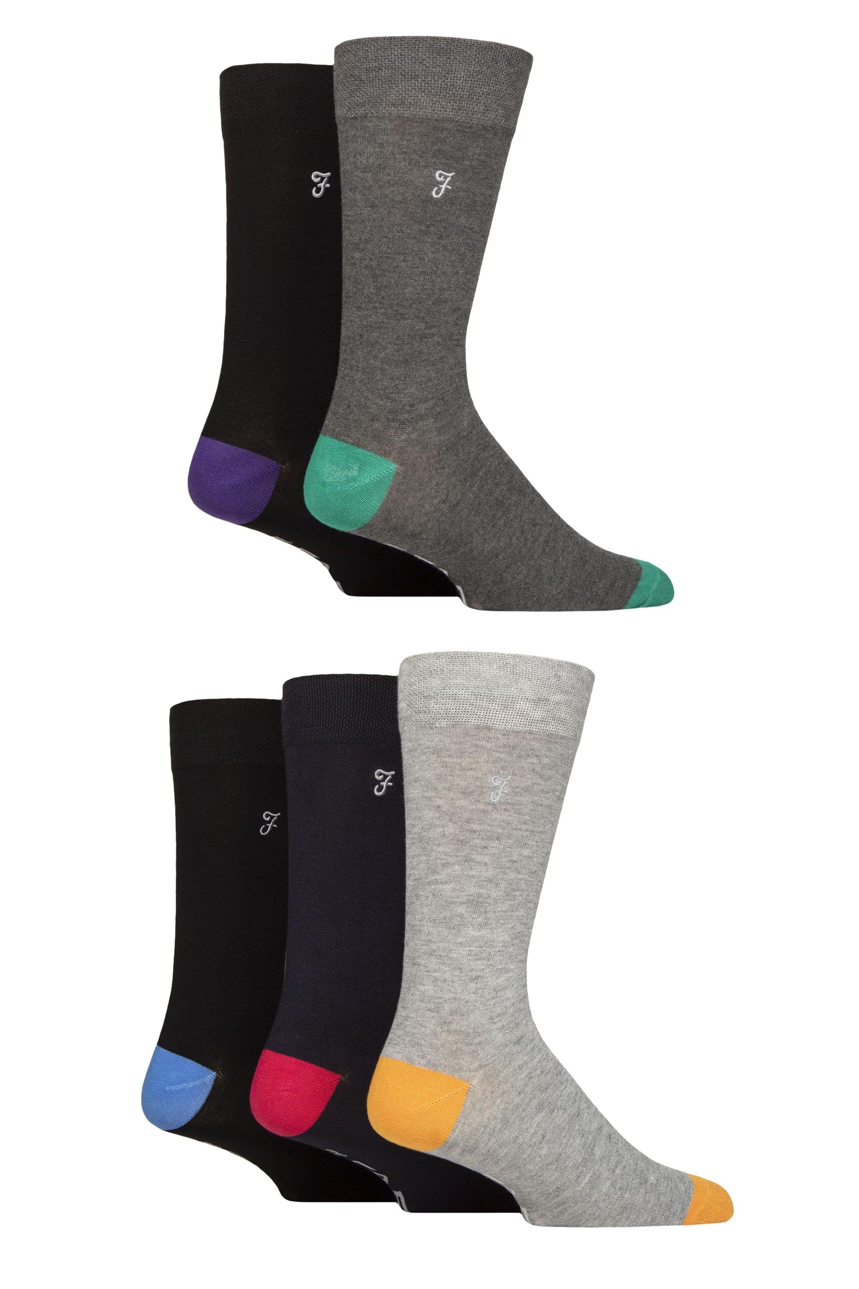 Farah Men's Contrast Multi Bamboo Socks Plain And Patterned Striped Argyle Spotty Designs, Bright Colourful, Gift For Him, 5 Pairs - 6-11