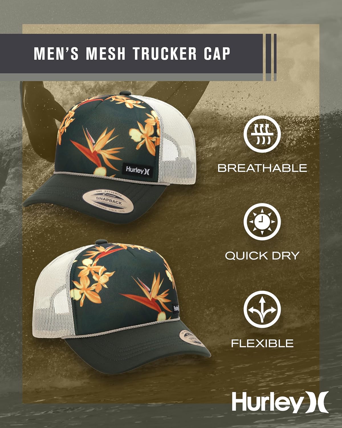 Hurley Mens Rincon Trucker Hat - Breathable Mesh Sides, Curved Bill, Adjustable Snap Closure - Trucker Hats for Men - Image 2