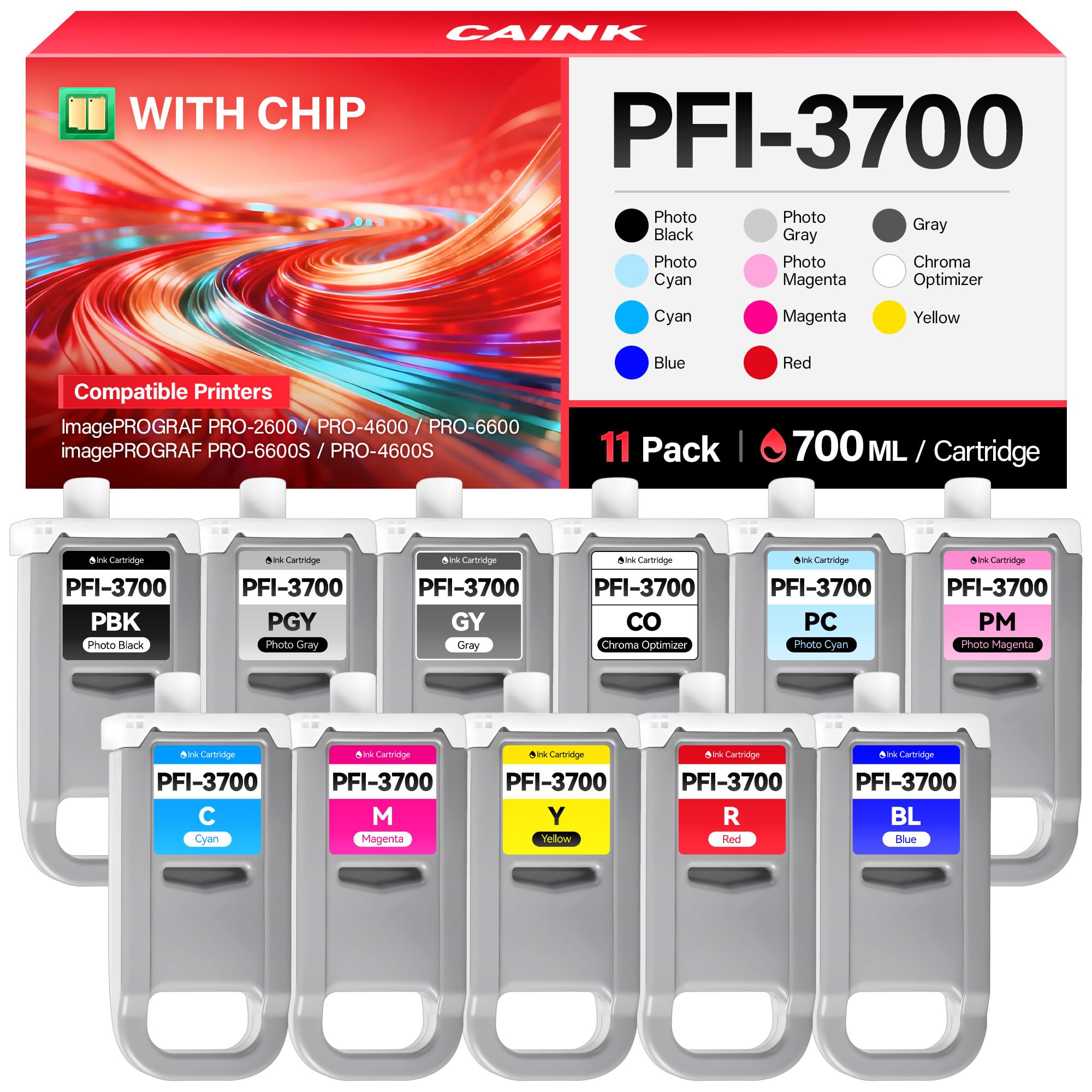 PFI-3700 Pigment Ink Tank Set 11-Pack 700ml High Capacity Replacement for Canon PFI-3700 PFI3700 Ink Cartridges Compatible for Canon imagePROGRAF PRO-2600 PRO-4600 PRO-6600 PRO-6600S PRO-4600S Printer