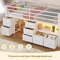Vista 4 de ADORNEVE Cama baja tipo loft tamaño individual con 7 cajones de almacenamiento, estantería y luces LED, cama alta de metal para niños con barandilla